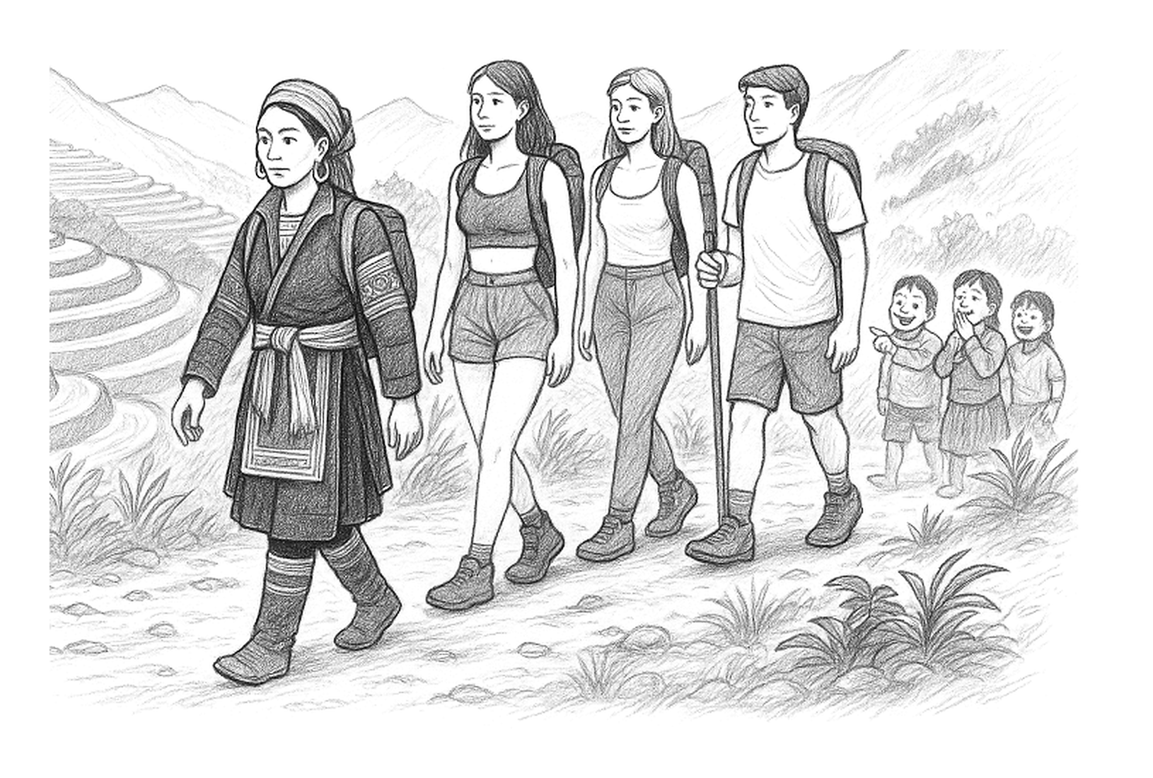 Black and white sketch of a woman leading a group of people, including three children, on a hike through a mountainous landscape with terraced fields in the background. The woman wears traditional clothing, and the others are dressed in casual outdoor attire with backpacks and walking shoes.