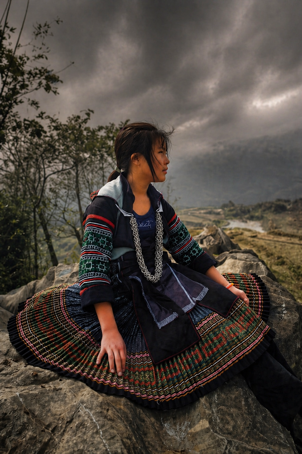 Hmong woman in traditional clothing sitting in the mountains of Sapa, Vietnam