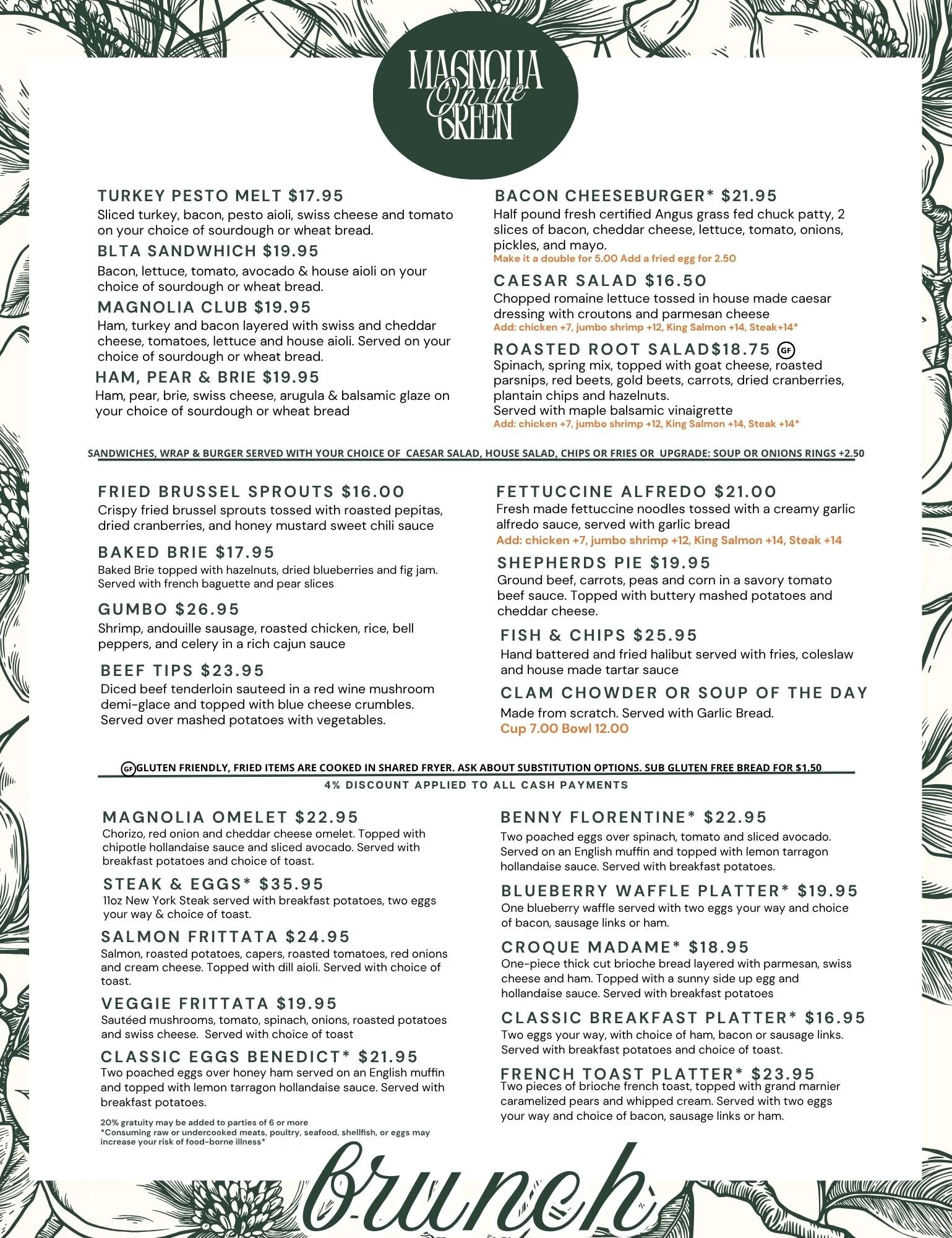 Brunch menu at Magnolia on the Green featuring fresh, house-made breakfast and lunch options.