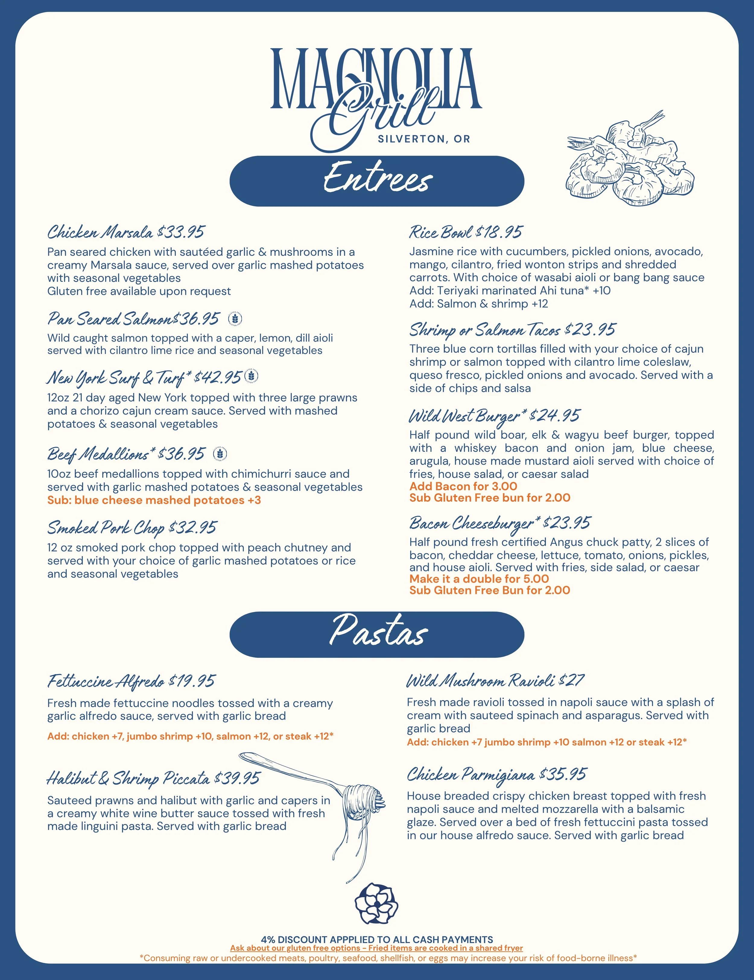 Menu for magnolia grill located in Silverton, Oregon