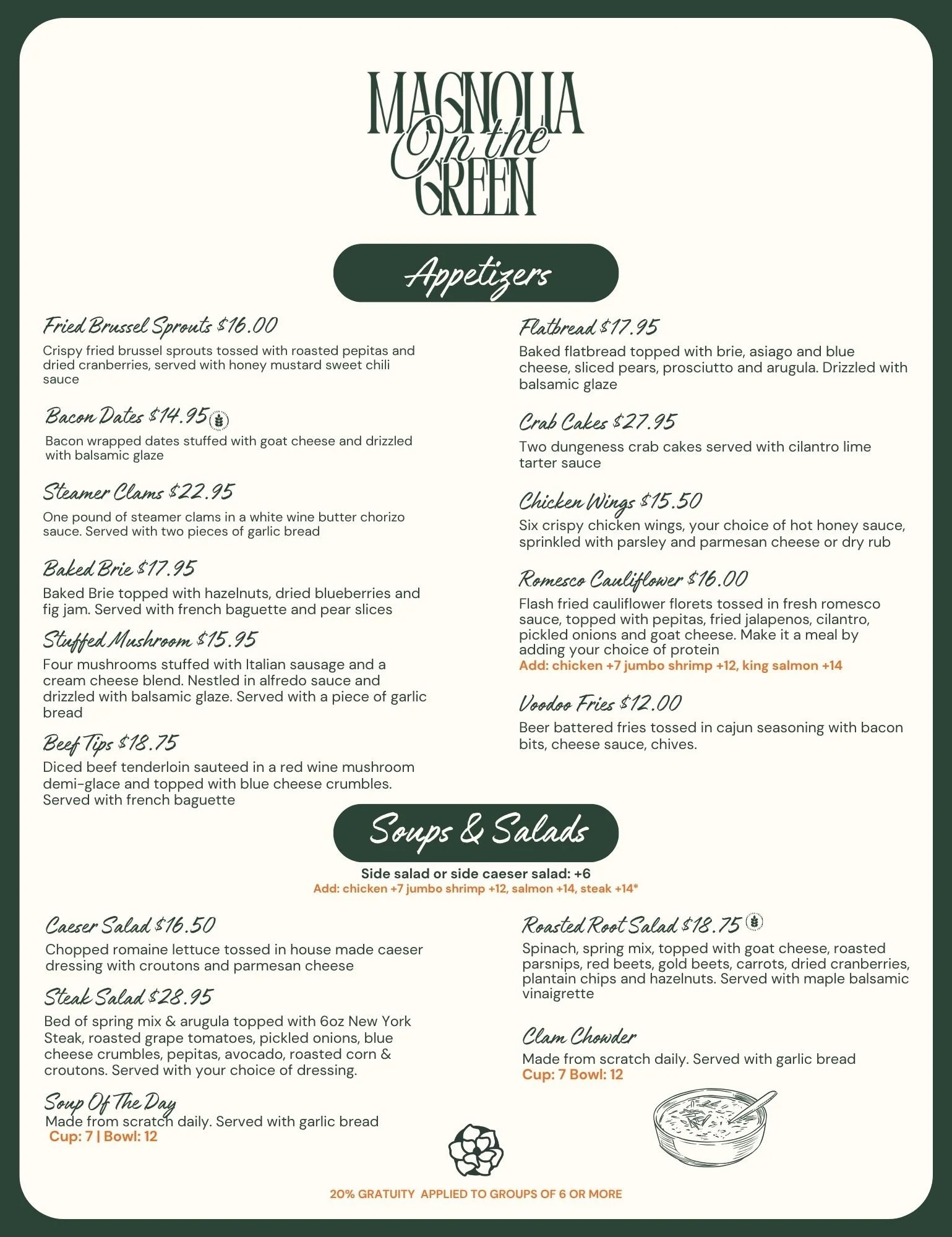 Magnolia on the Green appetizer menu with curated starters and shareable dishes.