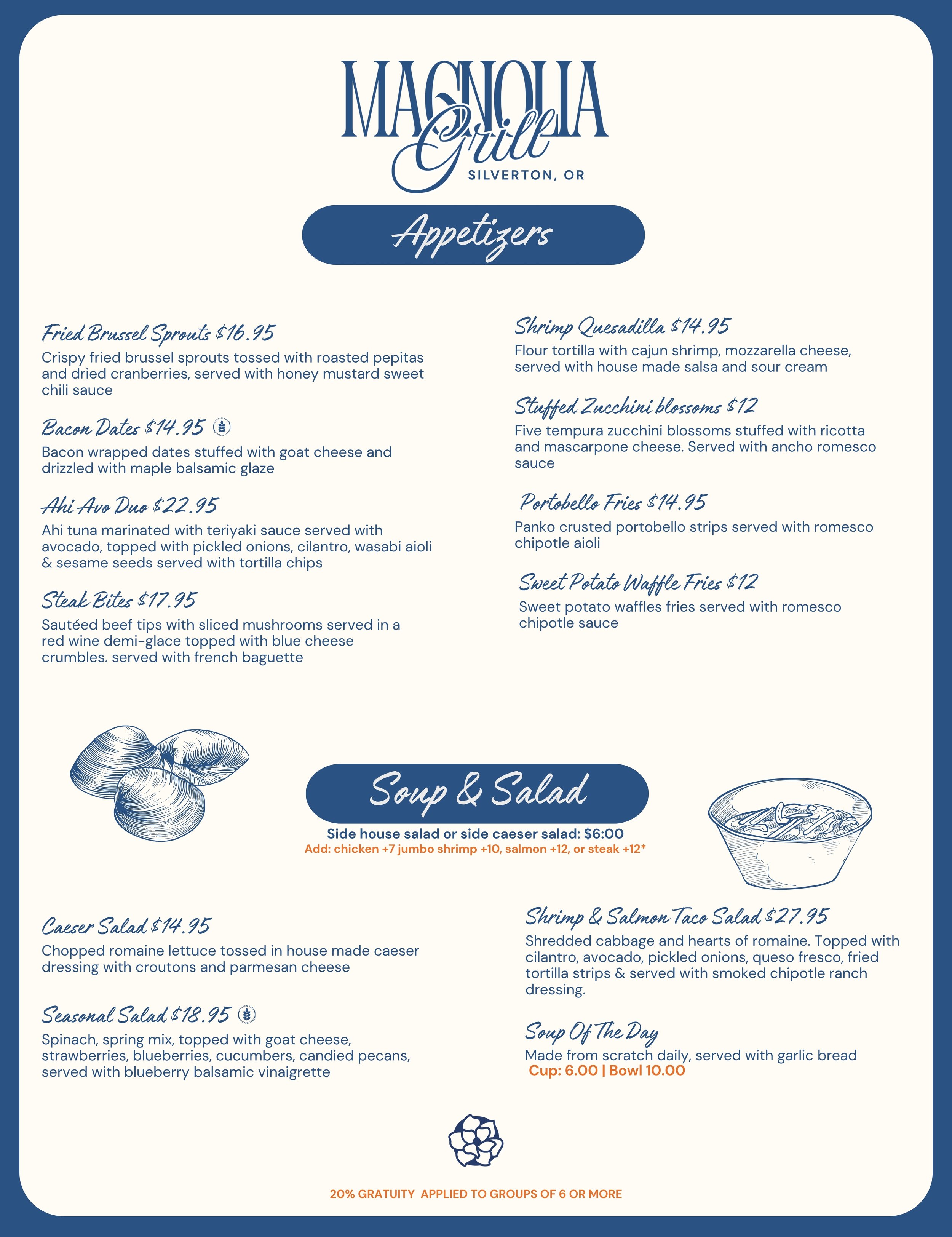 Menu for magnolia grill located in Silverton, Oregon