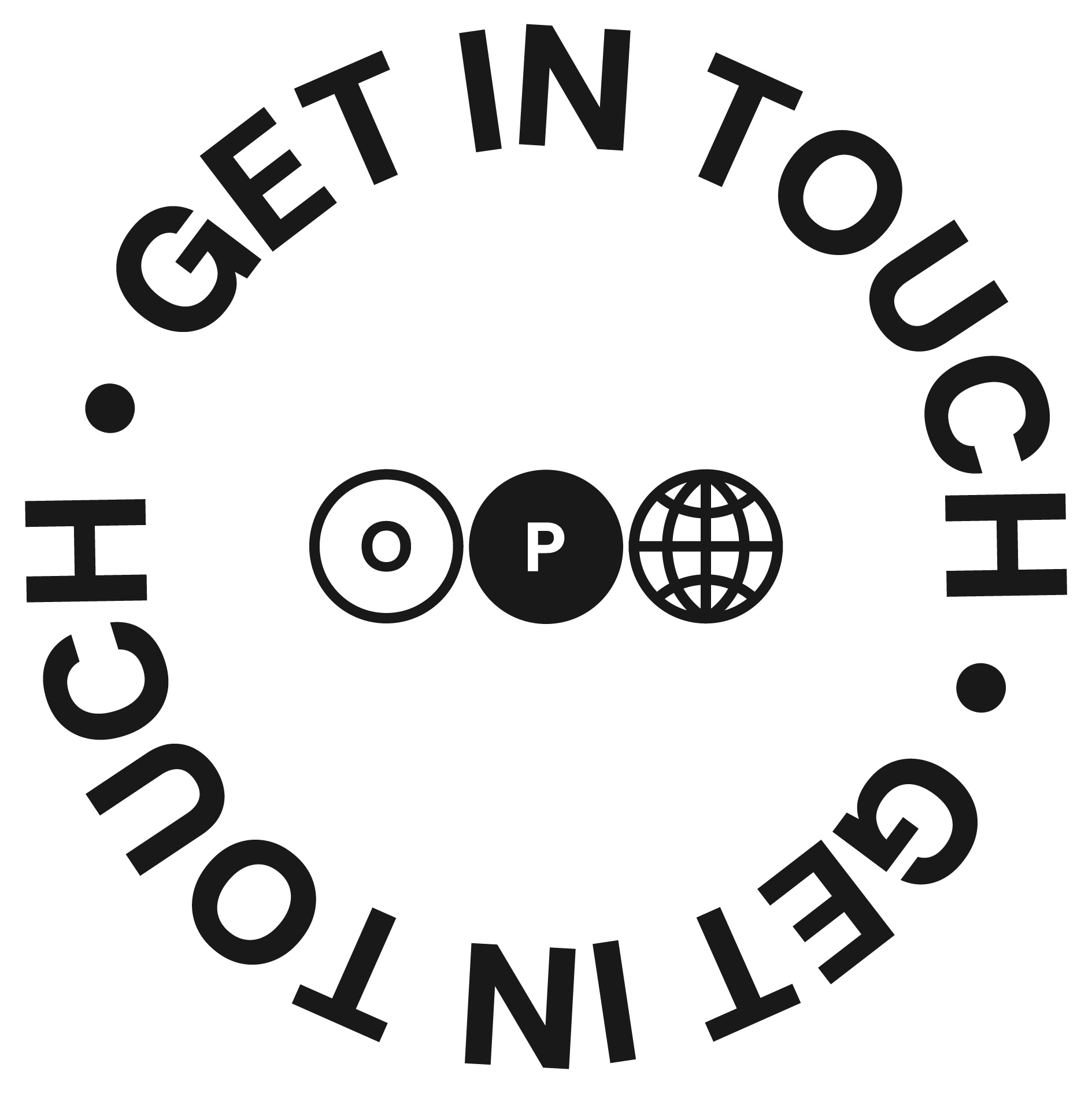 Black circular logo with the words "GET IN TO" arched at the top and "CO" at the bottom. Inside, there are icons of a globe, a downward arrow, and the letters "OP."
