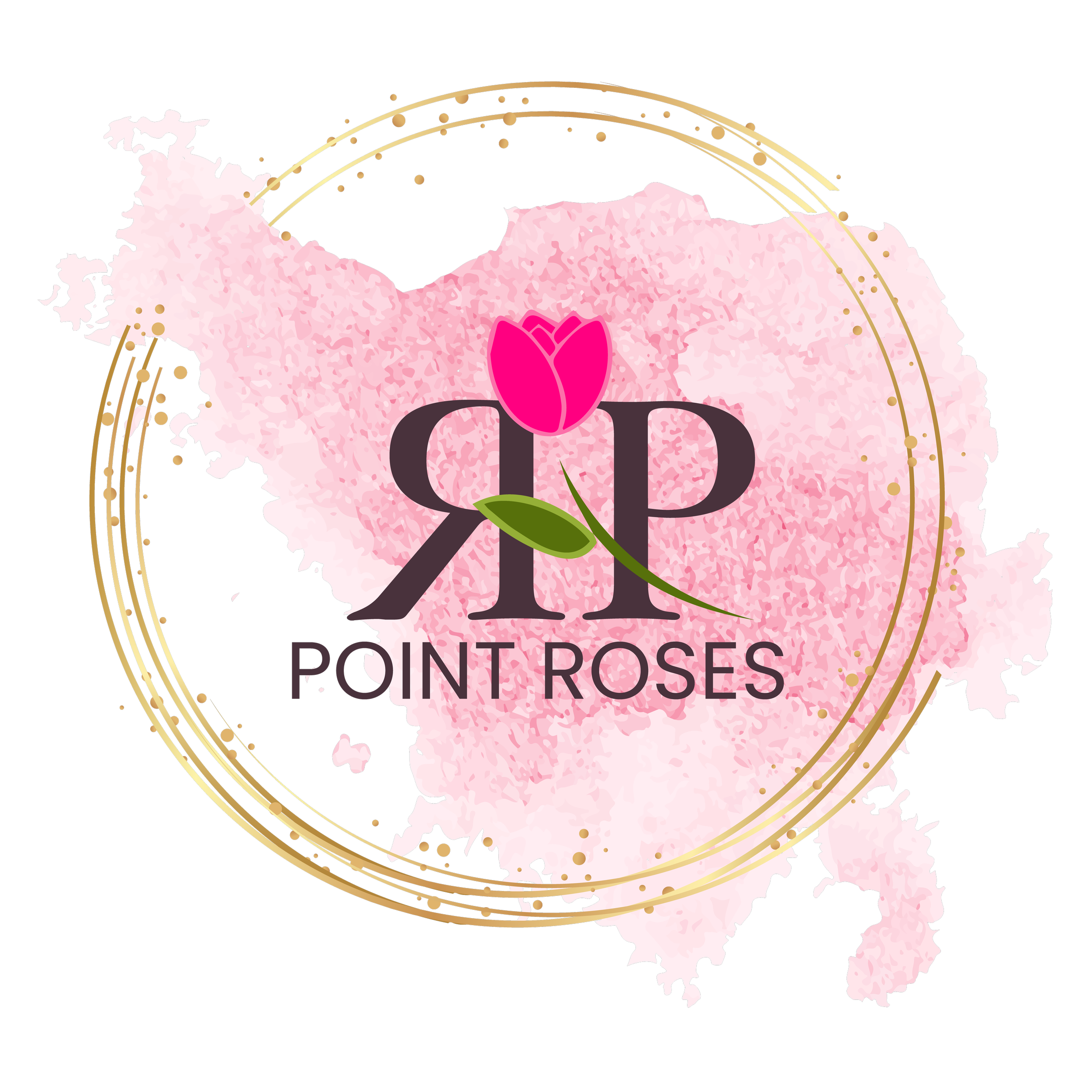 A graphic illustration of the map of Russia filled with pink watercolor texture, with a pink tulip and green leaf overlaid on top. Text reads 'GP Point Roses' with the logo initials 'GP' in black and a gold circular decorative border surrounds the design.