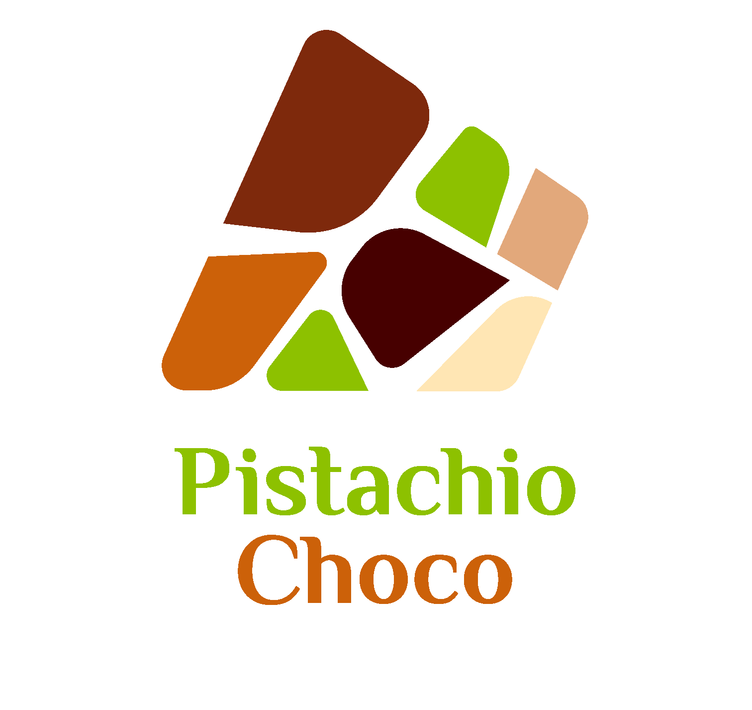 A colorful logo with abstract shapes in brown, green, beige, black, orange, and cream, with the text "Pistachio Choco" underneath.