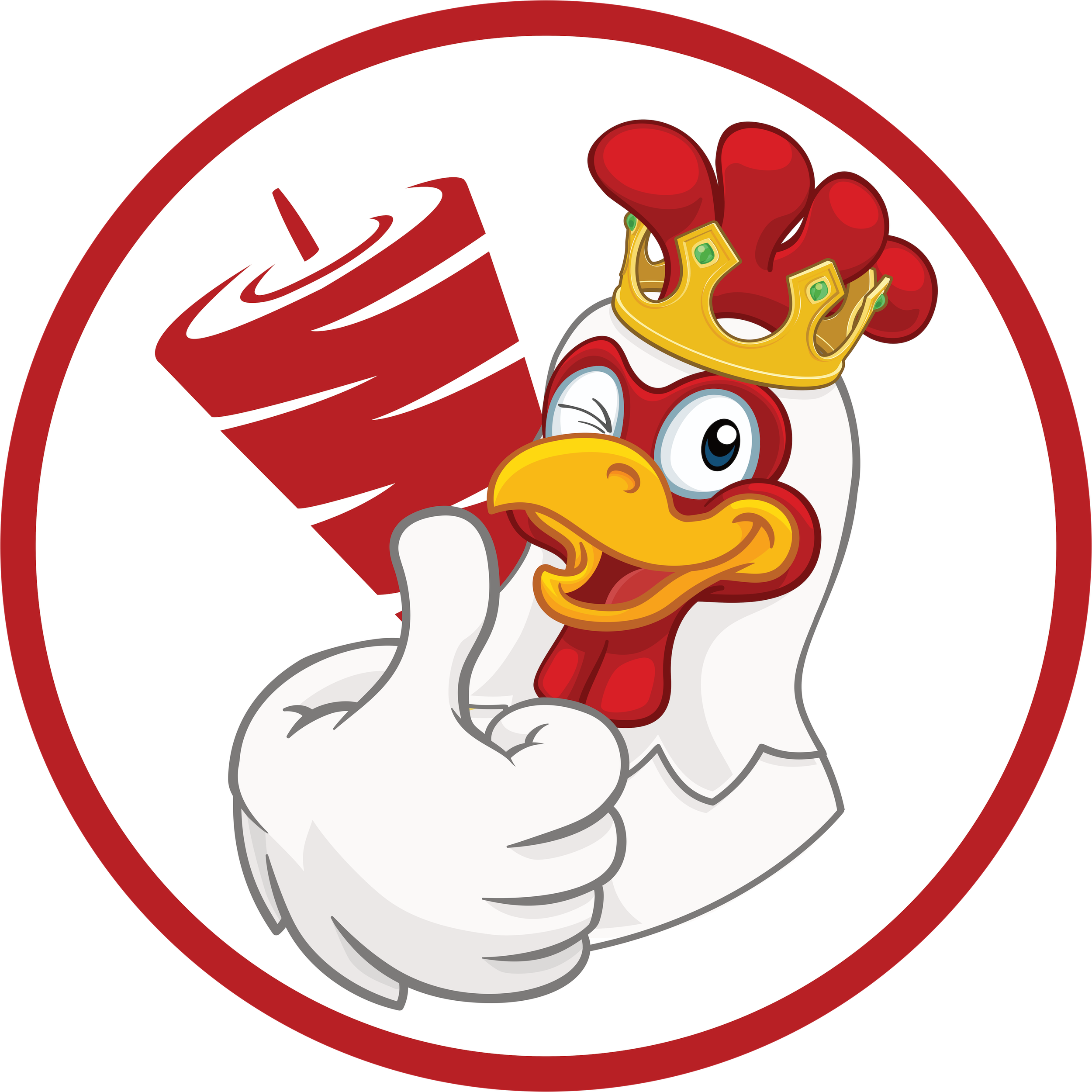 Cartoon chicken wearing a crown giving a thumbs-up and holding a red megaphone.