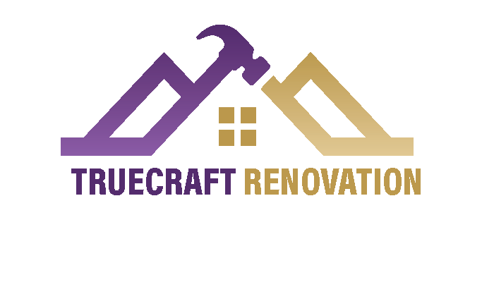 Logo with a hammer and house outline, featuring the text 'TRUECRAFT RENOVATION' in purple and gold.