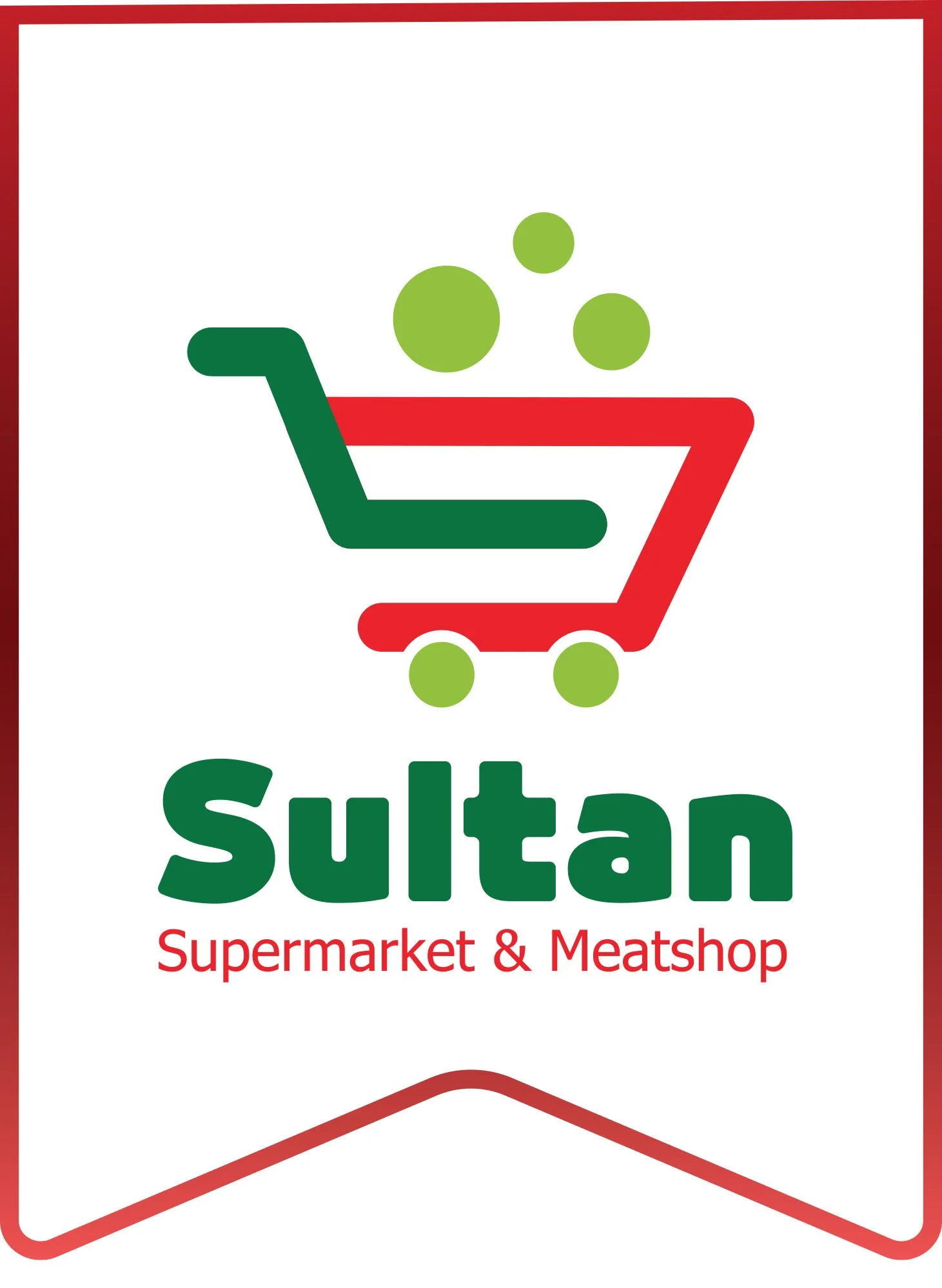 Logo for Sultan Supermarket & Meatshop featuring a shopping cart with green bubbles and the text 'Sultan' in bold green and 'Supermarket & Meatshop' in red.