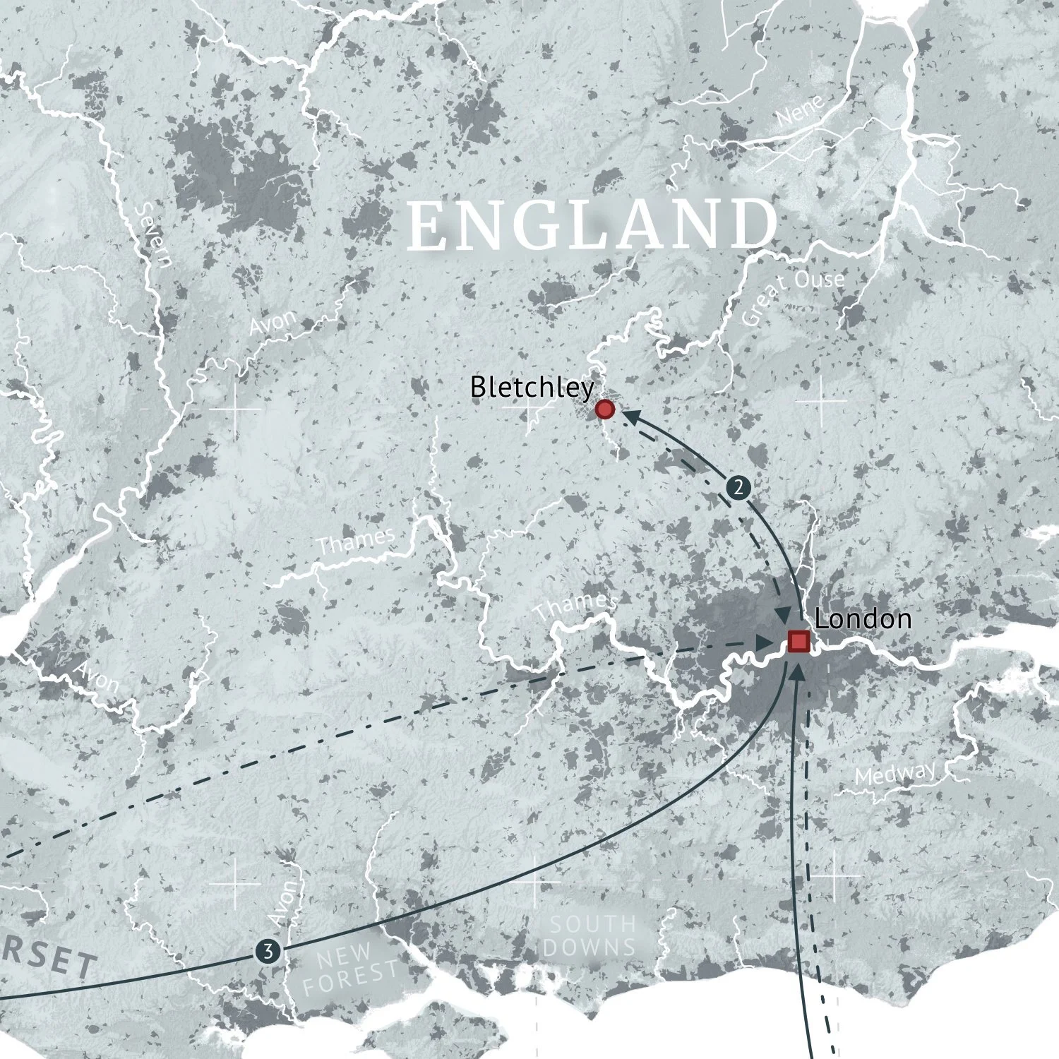 Kartenausschnitt mit Stationen einer Reise rund um London