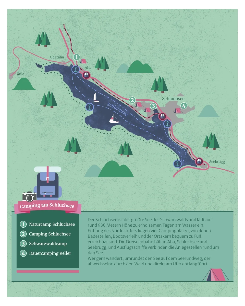 Touristischer Lageplan der Campingplätze am Schluchsee, Schwarzwald.