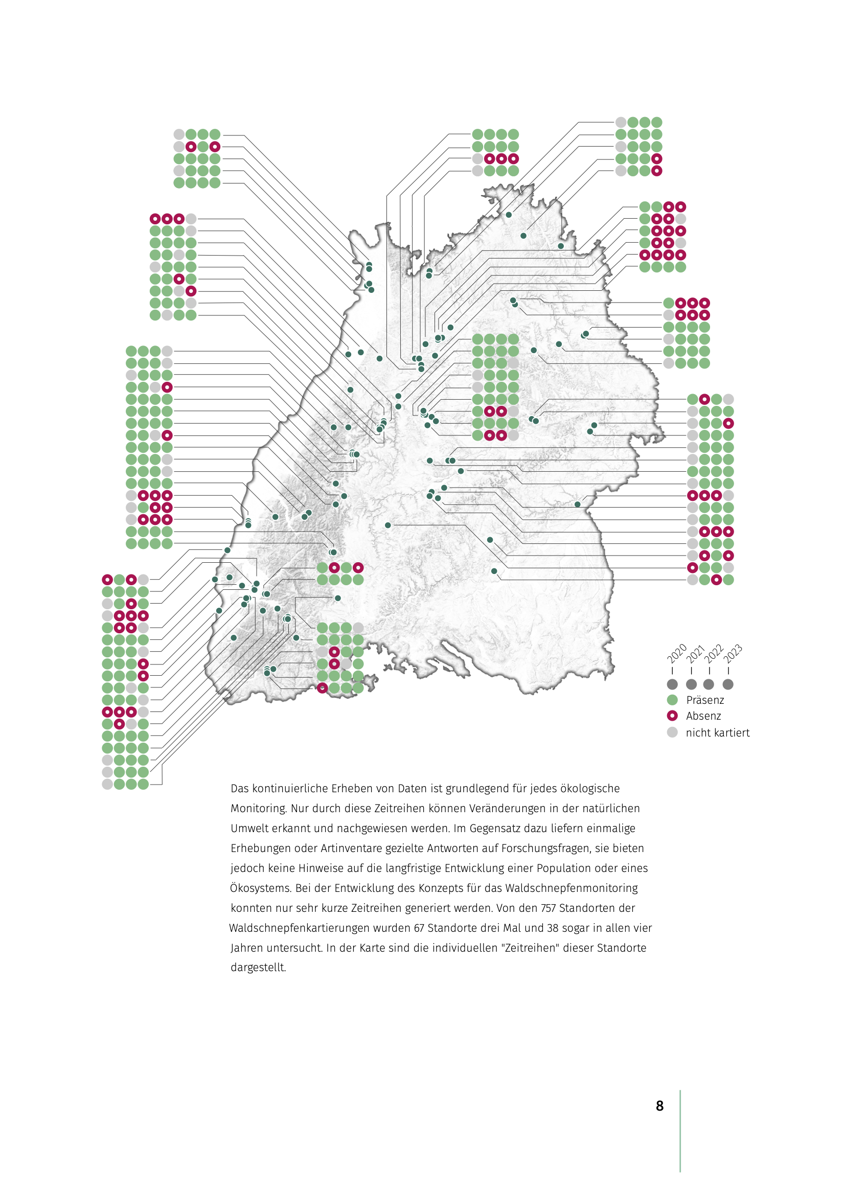 Bericht einer Citizen Sience-Kartierung. Karte der über mehrere Jahre hinweg kartierten Standorte und den jeweiligen Kartierungsergebnissen je Jahr.