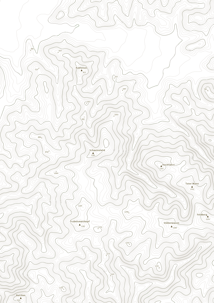 Schwarz-weiße topografische Karte mit vielen Höhenlinien und einigen markierten Punkten.
