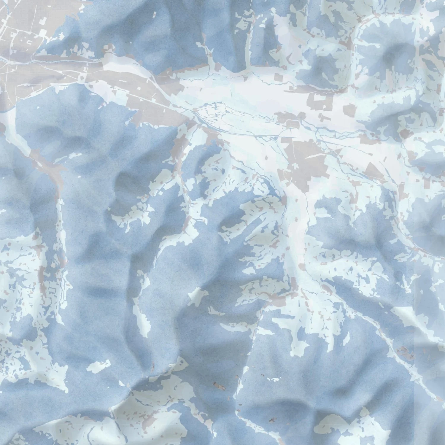 Eine topografische Karte mit blauen, weißen und grauen Farben, zeigt eine Bergregion mit Flüssen und Tälern.