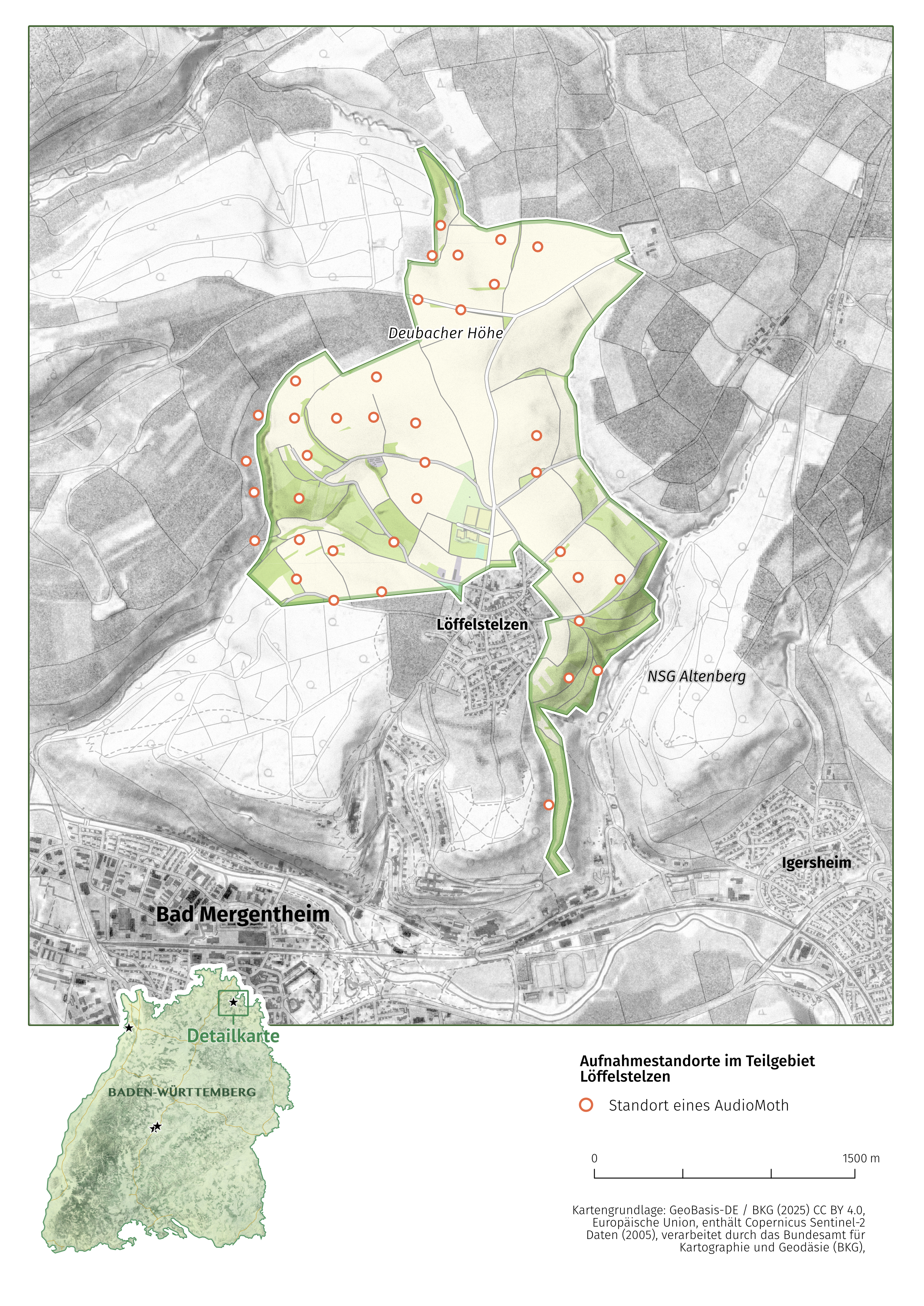 Übersichtskarte eines Untersuchungsgebiets mit Übersichtskarte und topografischem Kartenhintergund