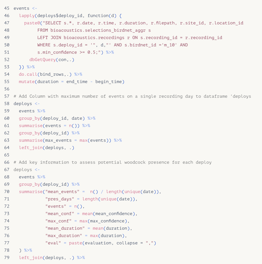 Code-Snippet mit SQL-Abfragen in der Programmierumgebung R.
