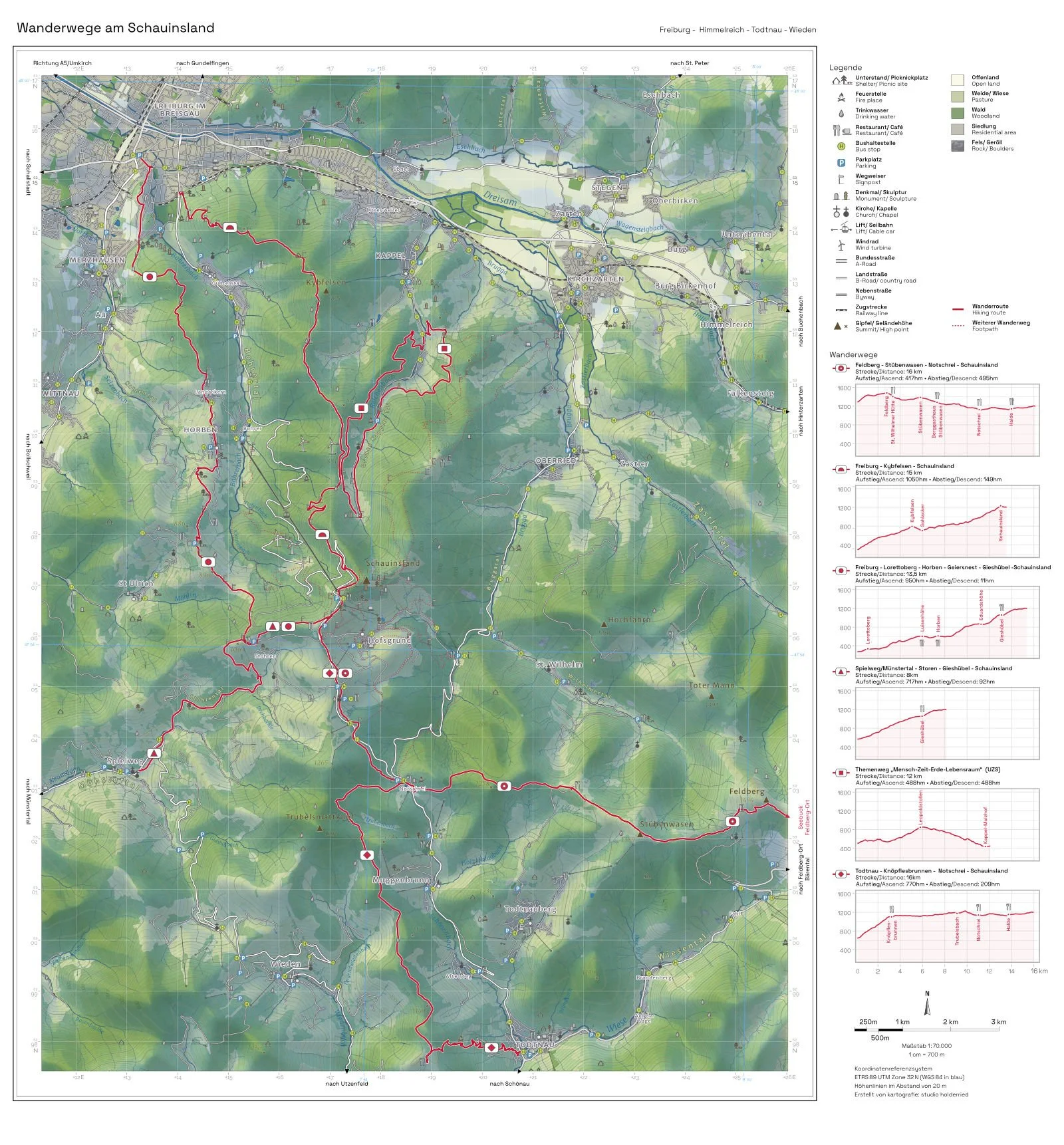Topografische Wanderkarte des Schauinslands bei Freiburg mit Routenvorschläge für Wanderungen