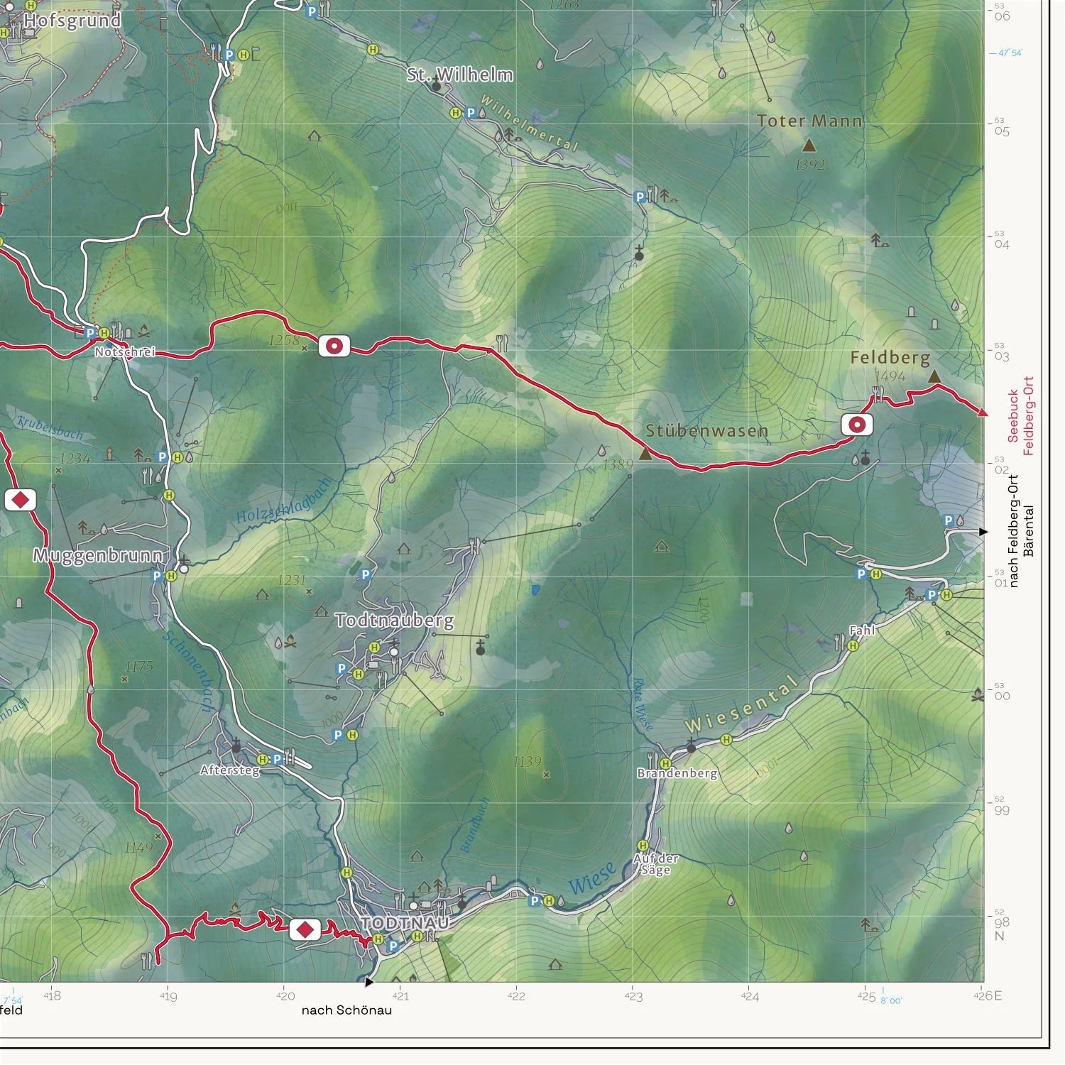 Detail der touristischen Wanderkarte mit Kartenrahmen.