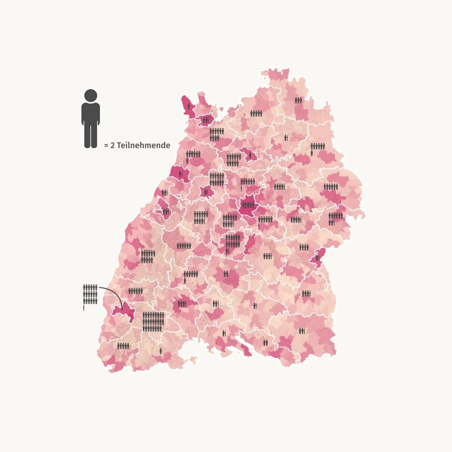 Choroplethenkarte Baden-Württembergs mit Einwohnerdichte und Anzahl teilnehmender Citizen Scientists