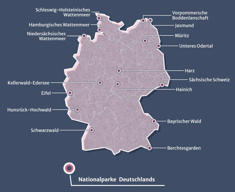 Grafische Übersichtskarte der Nationalparke in Deutschland