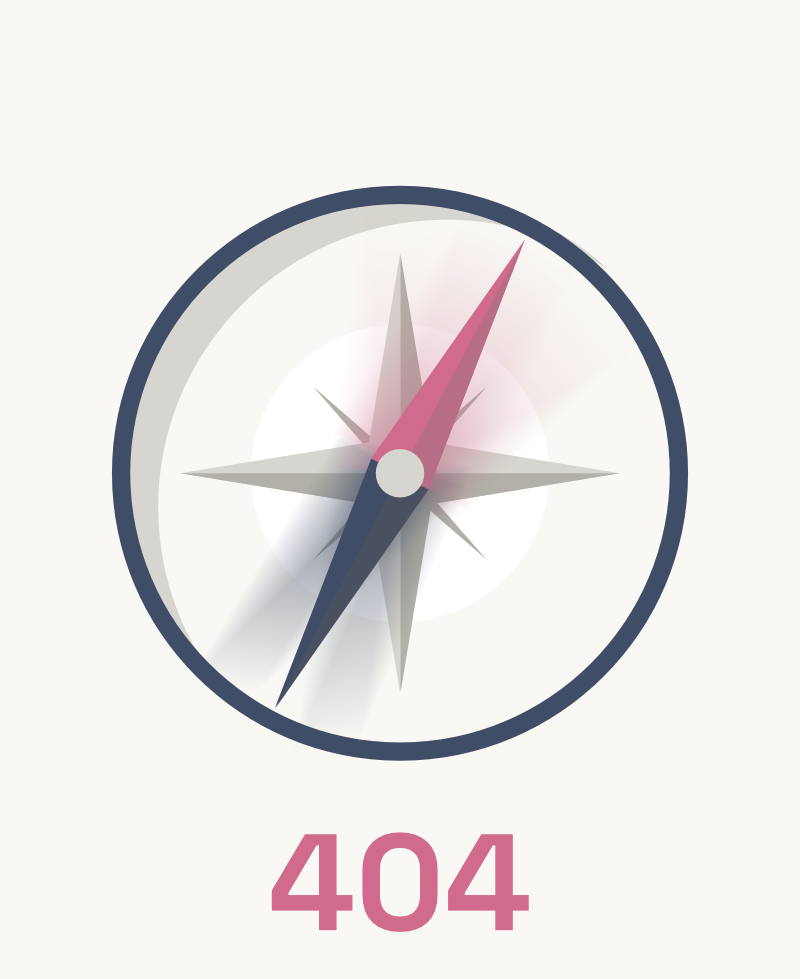 Ein Kompass mit pinkem und dunkelblauem Zeiger, darunter die Nummer 404.