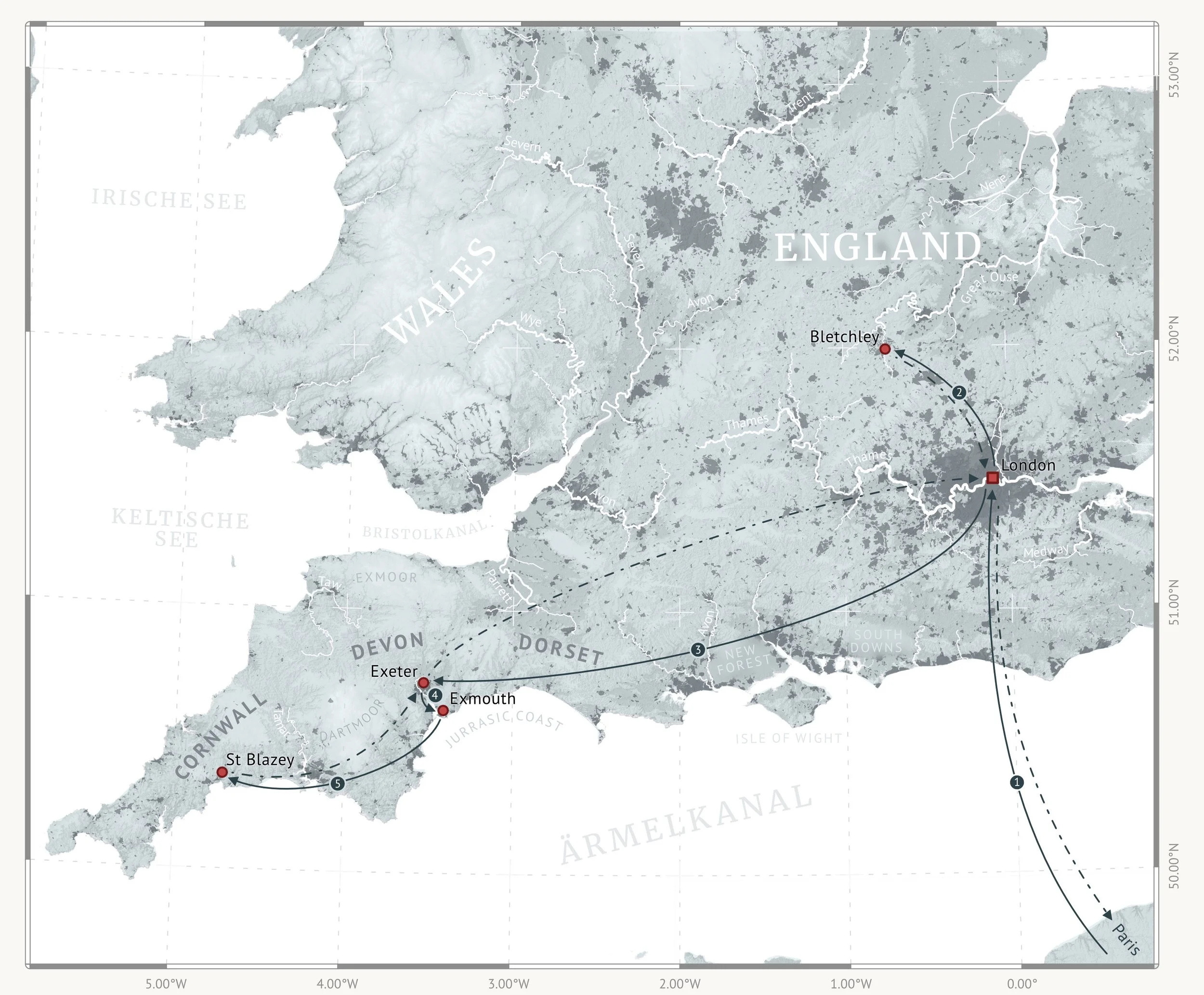 Landkarte mit eingezeichneter Reiseroute in England