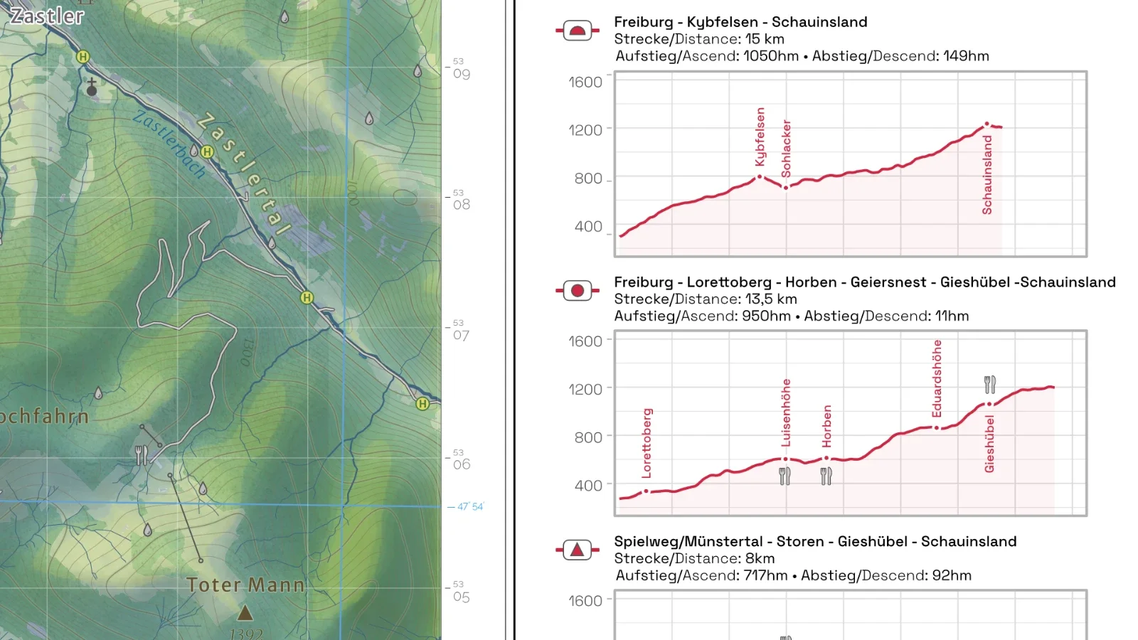 Topografische Wanderkarte mit Kartenrahmen und Höhenprofile der Routenvorschläge 