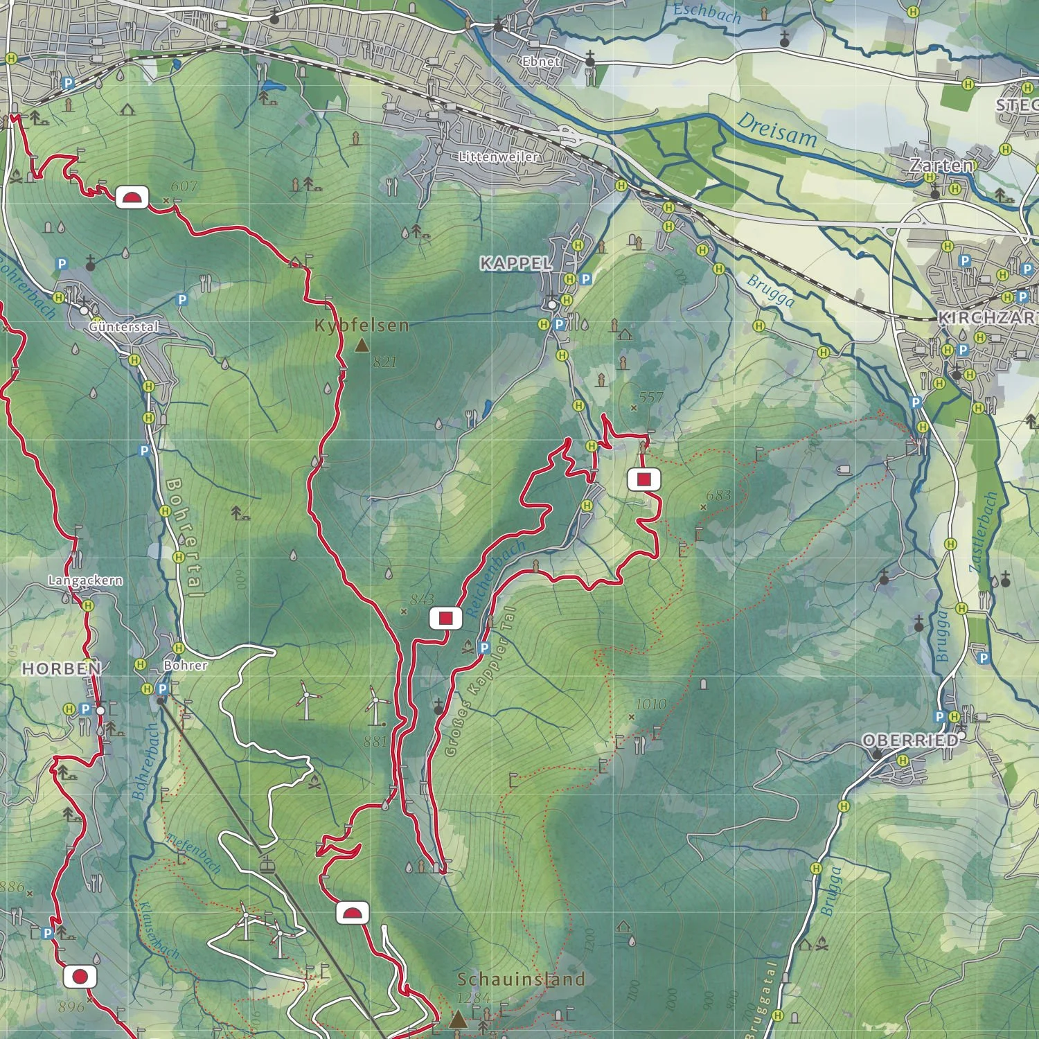 Mehrere Wanderrouten rund um den Schauinsland vor der Reliefschummerung des Schwarzwalds.