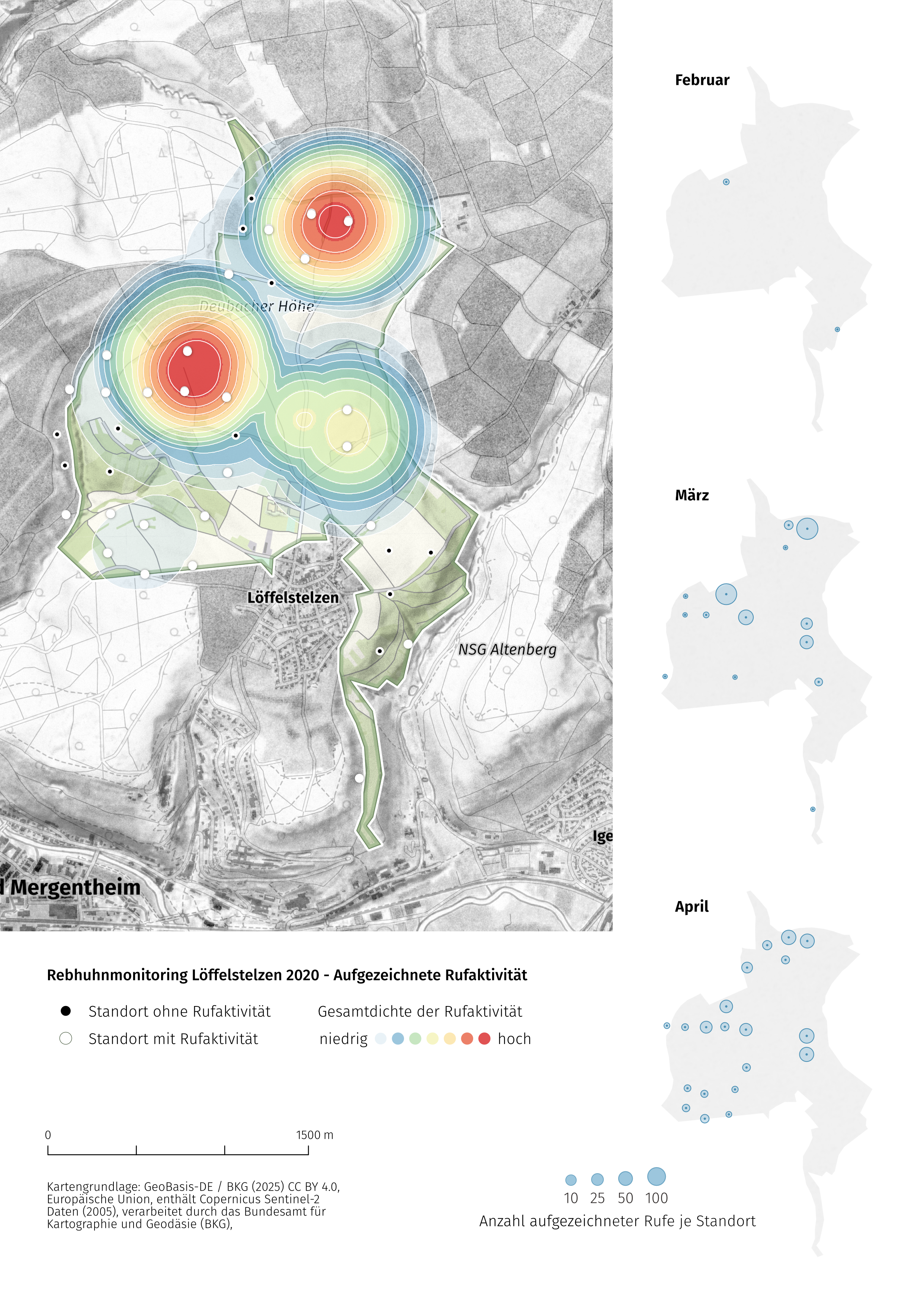 Layoutseite aus dem abschließenden Forschungsbericht. Heatmap der Aktivität in einem Untersuchungsgebiet