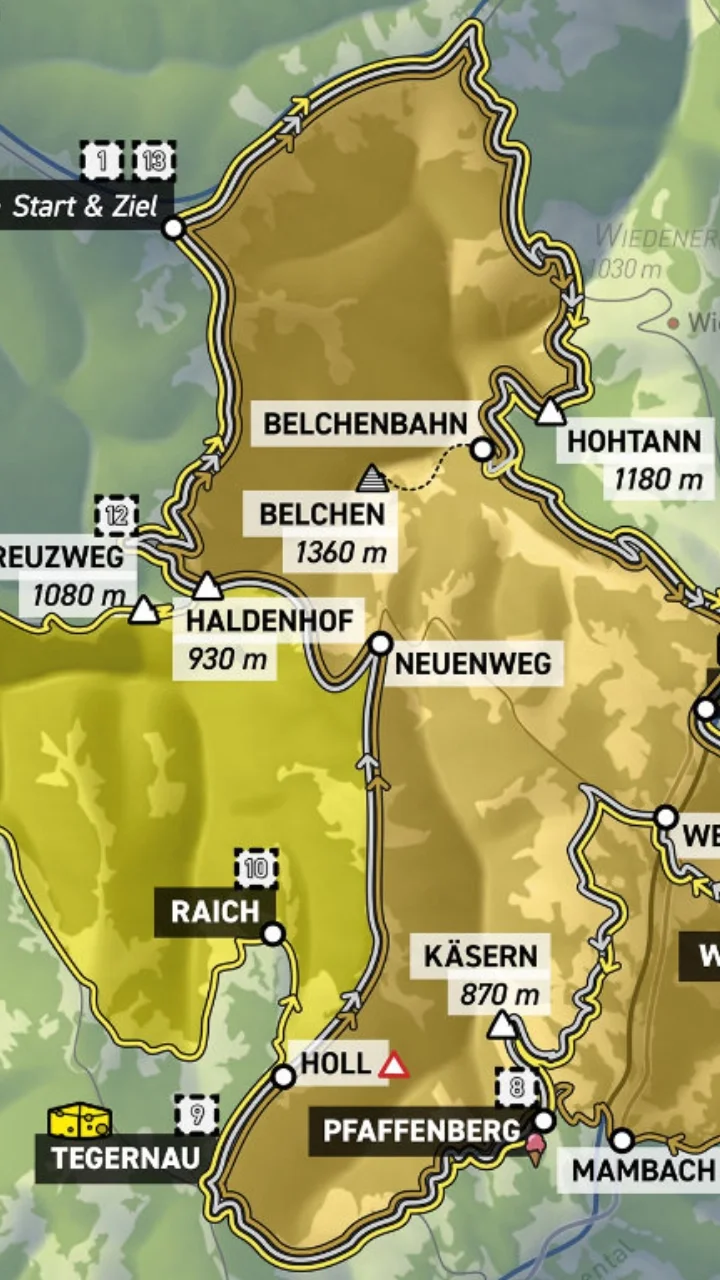 Detail der Streckenkarte der Sportveranstaltung mit Routenverlauf, Verpflegungsstationen und weiteren relevanten POIs
