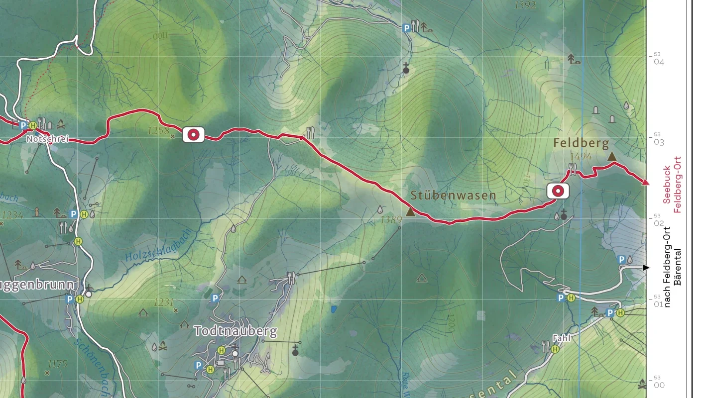 Wegsignatur der touristischen Wanderkarte mit Reliefschummerung und POI-Darstellung.