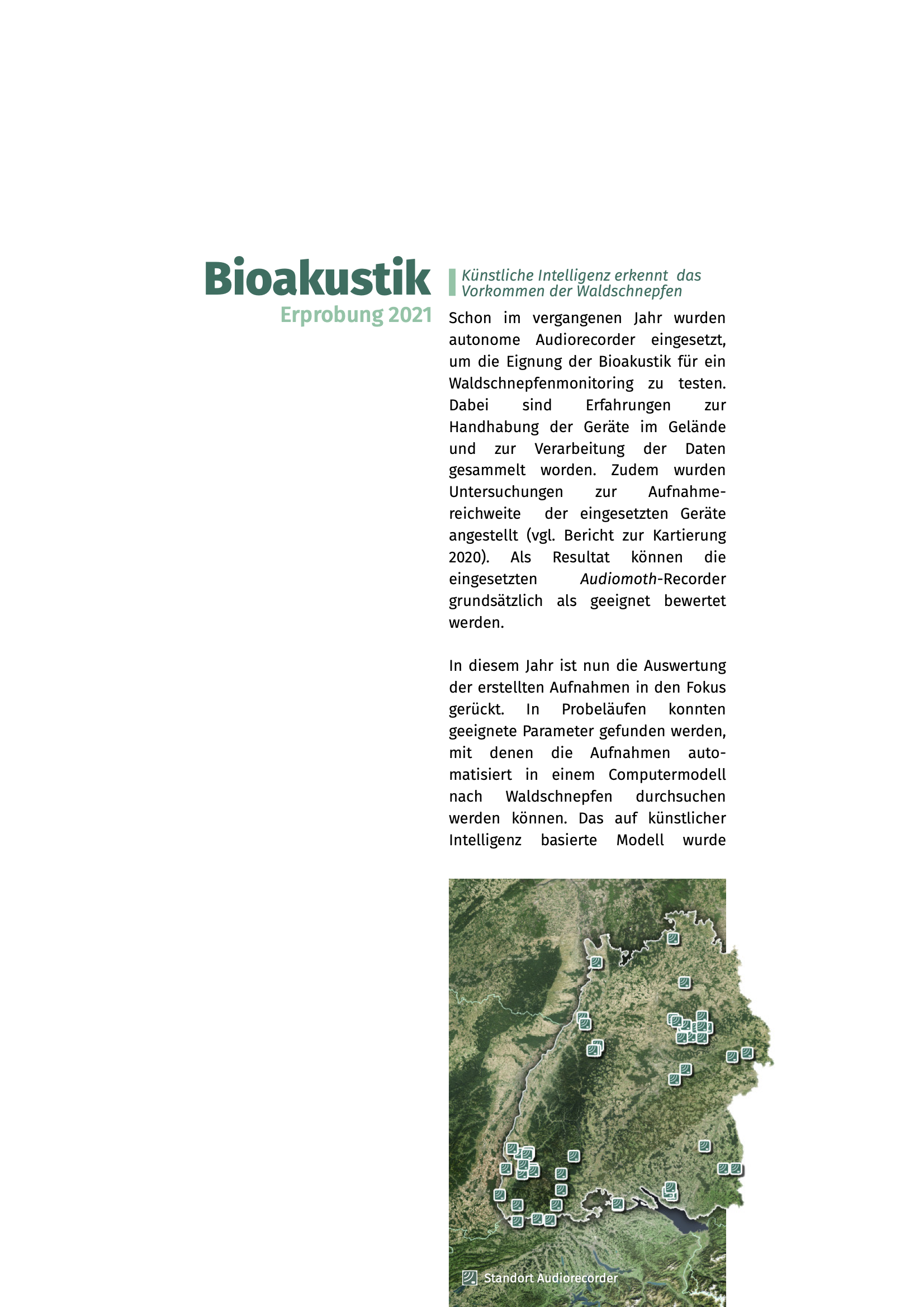Layoutseite des Berichts einer Citizen Science-Kartierung mit den Standorten von bioakustischen Kartierungen.