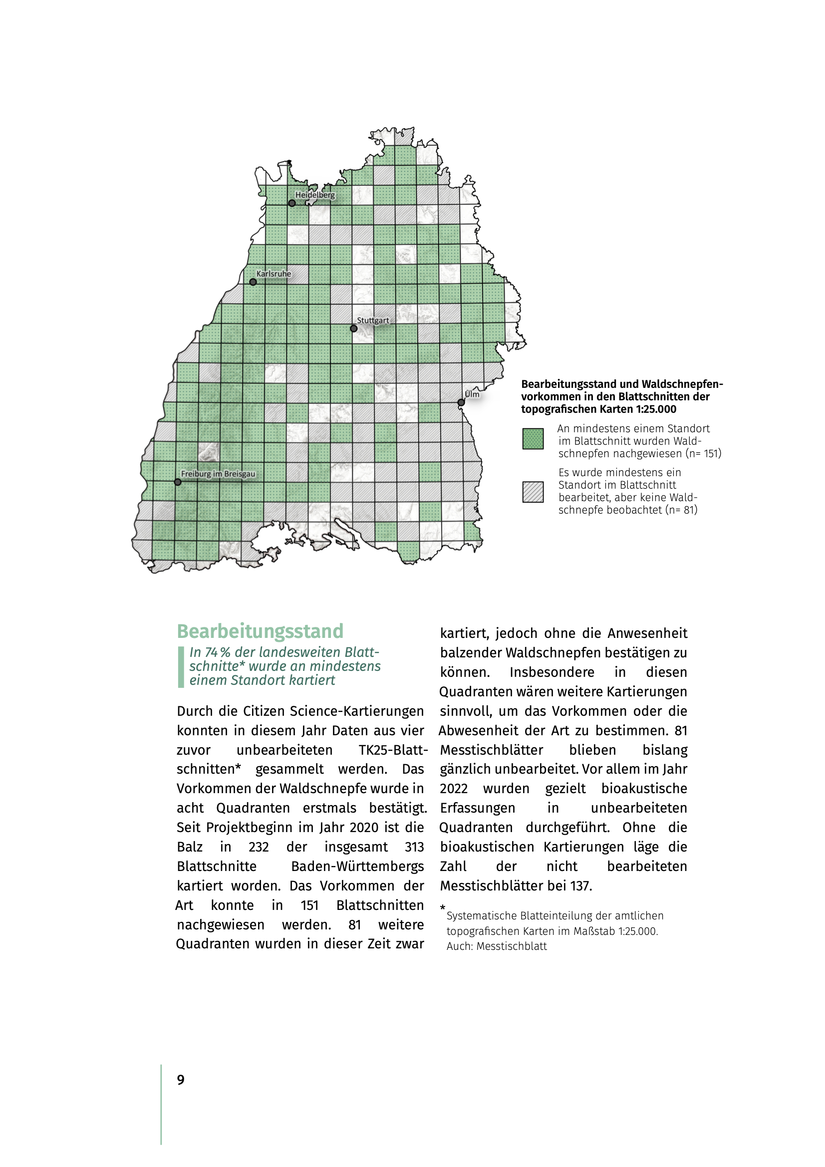 Bericht einer Citizen Science-Kartierung mit einer Karte der bereits bearbeiteten TK25-Quadranten.
