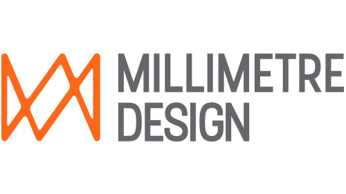 Logo for Millimetre Design featuring an abstract orange geometric design and gray text.