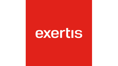 Red square with the word 'exertis' in white lowercase letters centered in the middle.
