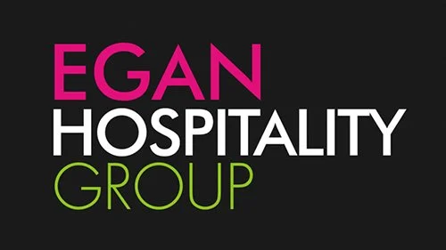 Logo for Egan Hospitality Group with pink, white, and green text on a black background.