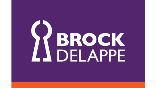 Brock Delappe logo with purple background and white keyhole symbol