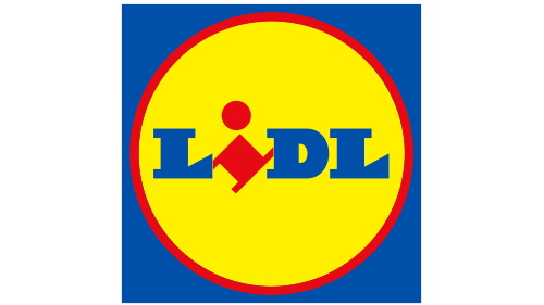 Lidl logo with yellow circle, blue background, and red border.