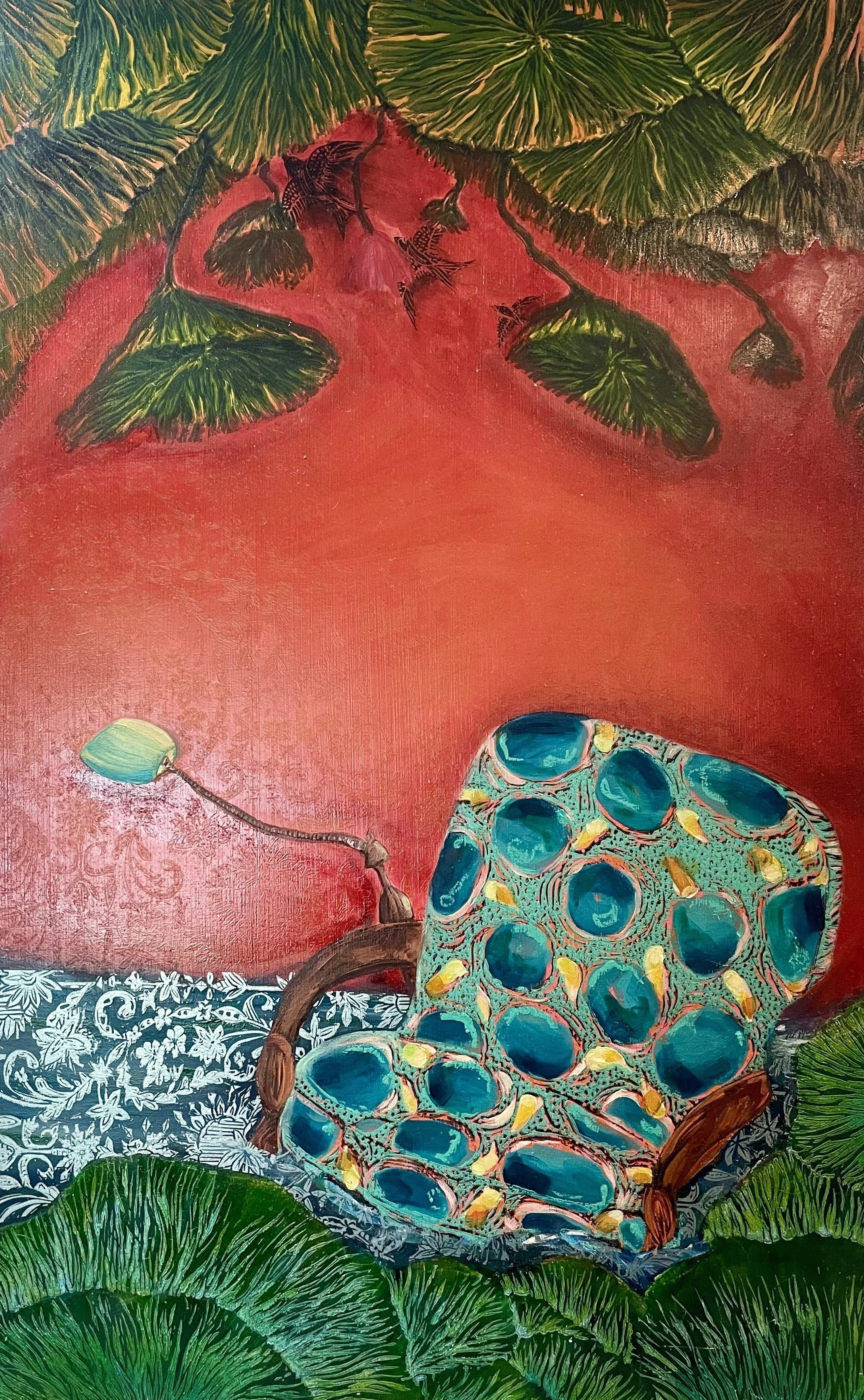 'Lotus Dreaming 2'| Relief lino cut combined with oil on board| 42.3 x 65.3cm.
‘Lotus Dreaming 2’ is created from the remainder lino cut matrix and combined oil painting to represent the blurred colliding environments of the interior and exterior wor