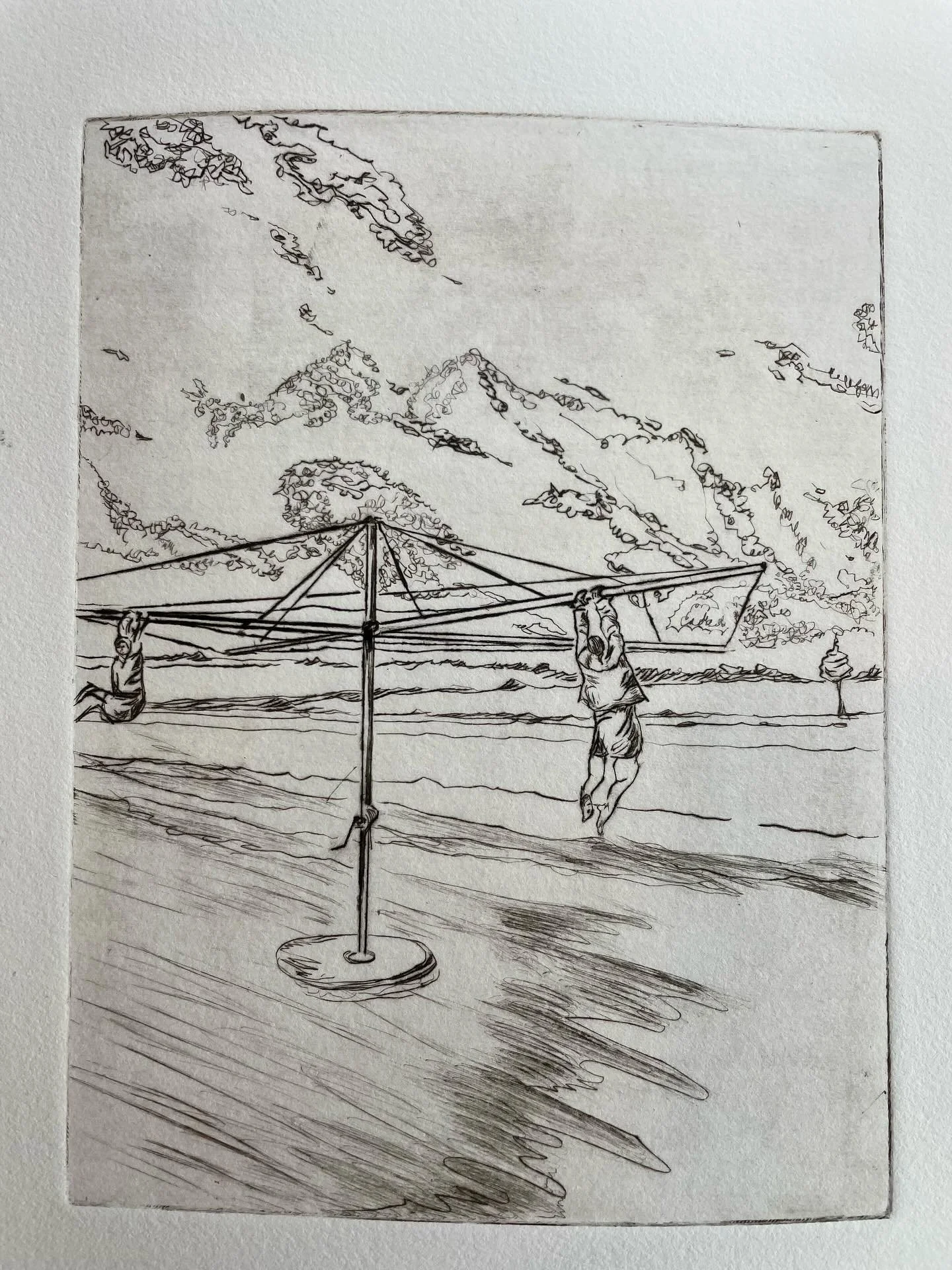 Quick copper drypoint&hellip;. We didn&rsquo;t know it at the time&hellip; but we were living our best life! Fond memories on the farm having a &ldquo;sneaky swing!&rdquo; We were told and knew it wasn&rsquo;t allowed but we couldn&rsquo;t help ourse