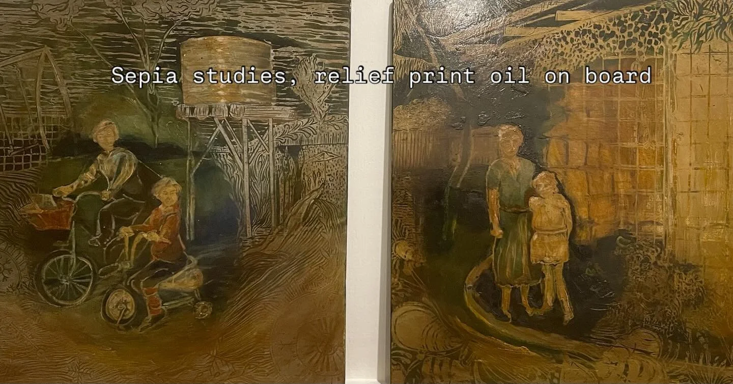 Sepia studies relief print oil on board 30x30cm. These little works will be a part of upcoming 2026 exhibitions Feb- June.  Stay tuned, exciting times ahead! 

#printmaking #printandoilpainting #reliefprint #oilobboard