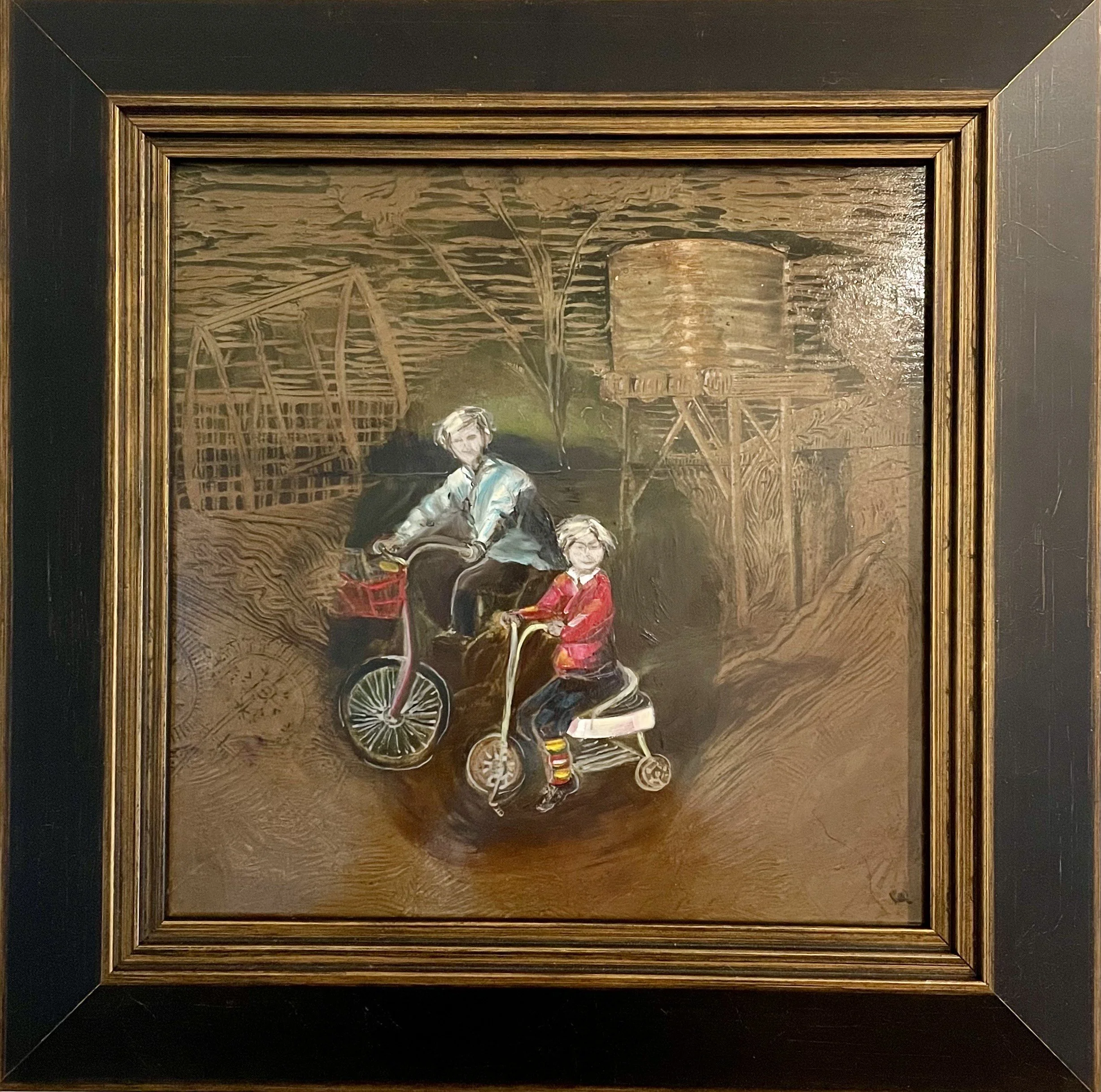 'Backyard Memories- The Ride'| Relief lino cut combined with oils on board| 42x42cm.
Backyard Memories – The Ride draws on the nostalgia of growing up in rural Australia in the 1970s and 80s. The work depicting the relationships of the era between si