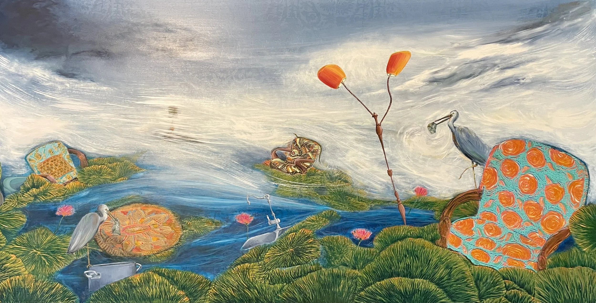 'What Remains'|Reduction lino cut and relief printing on board combined with oil painting.    103 x 53 cm
‘What Remains’ reflects on the cycle of life and the fragile tether between our sense of belonging and the objects we gather around ourselves. I