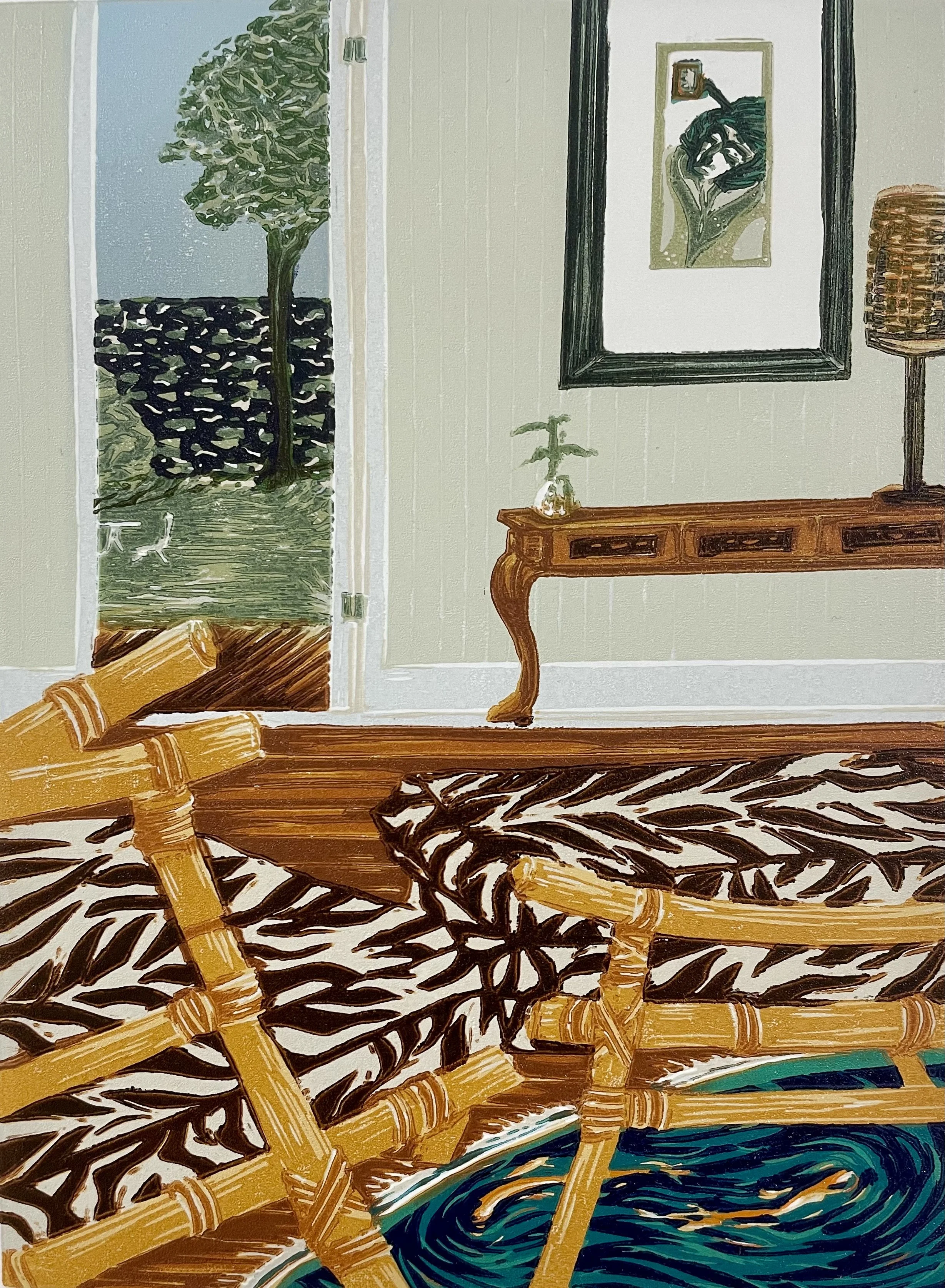 Koi Chair |Arches 88 Paper|23x28cm| 10 Layers |Edition of 8 | available for purchase contact me for details
'Koi Chair' captures the quiet stillness of a days end, inspired by Japanese aesthetic, of the bamboo chair over the shifting blues of the Koi