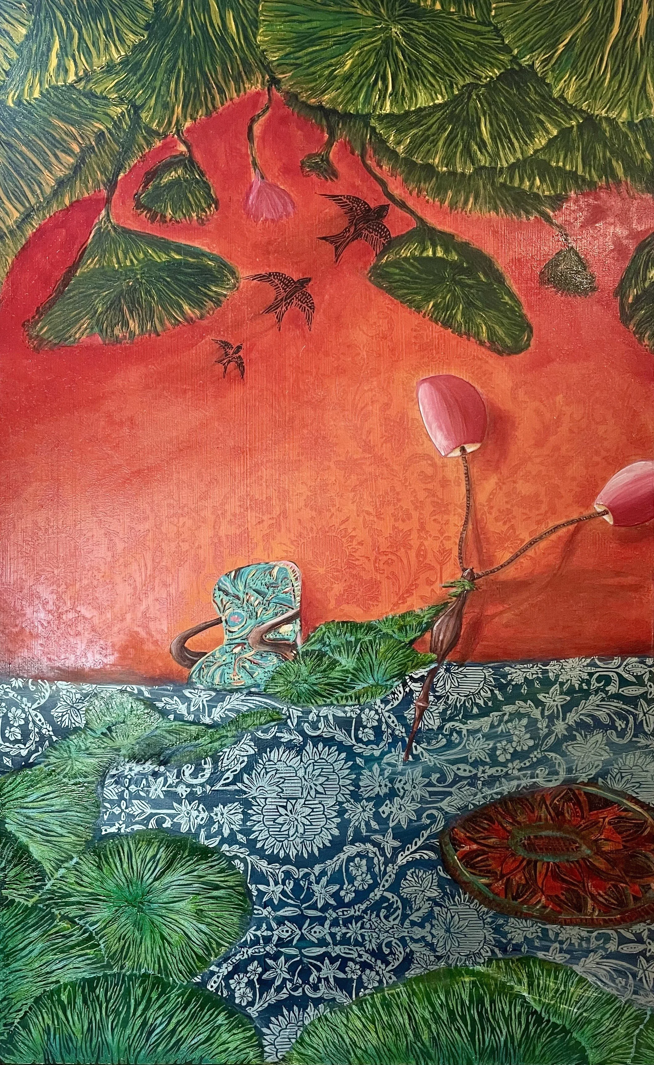 'Lotus Dreaming - 1'| Relief lino cut combined with oils on board| 42.3x65.3cm 
‘Lotus Dreaming 1’ is created from the remainder lino cut matrix and combined oil painting to represent the blurred colliding environments of the interior and exterior wo