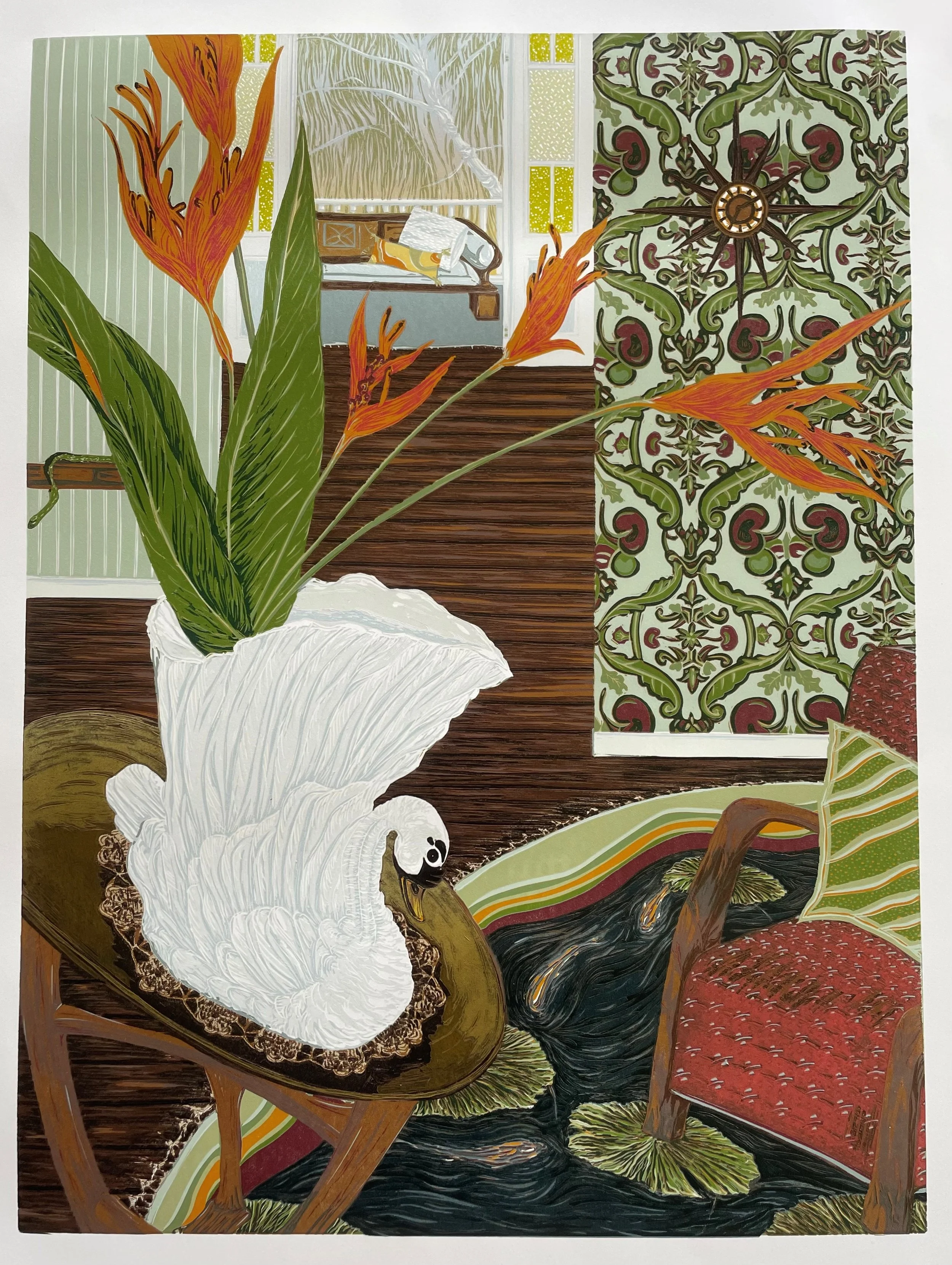 A Quiet Confluence |Arches 88 paper 62.5 x 46 | A Quiet Confluence explores the dissolving boundary between the domestic interior and the natural world. A 20-layer reduction linocut, the work draws on family heirlooms and mnemonic objects.  Inherited