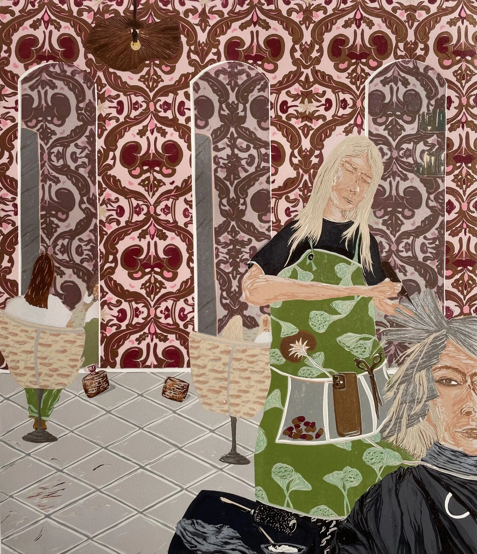 Life Twice  26 Layer reduction Arches 88 paper
Life Twice is shaped by the experience of a kidney transplant and the devotion between a mother and daughter.

The composition centres on a tender act of care: the artist's daughter, a hairdresser, foili