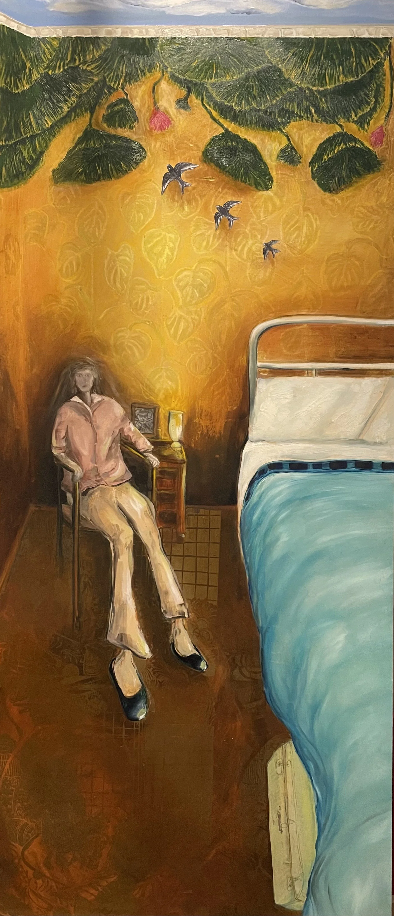 'The Big Move' | Reduction lino cut and relief printing with oils on board| 53x118cm
‘The Big Move’ reflects a pivotal moment in life when home is no longer a fixed place but something we must leave behind. This work speaks to the profound impact of 