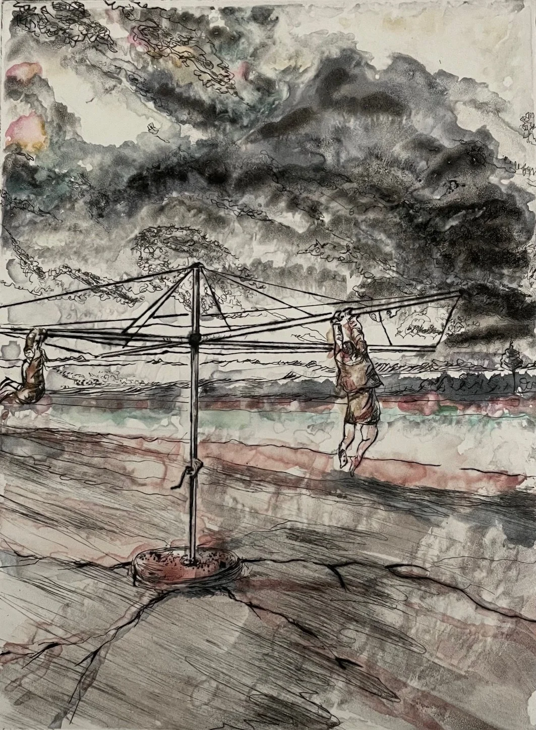 Drought's Edge|Drypoint on copper plate with watercolour monoprint