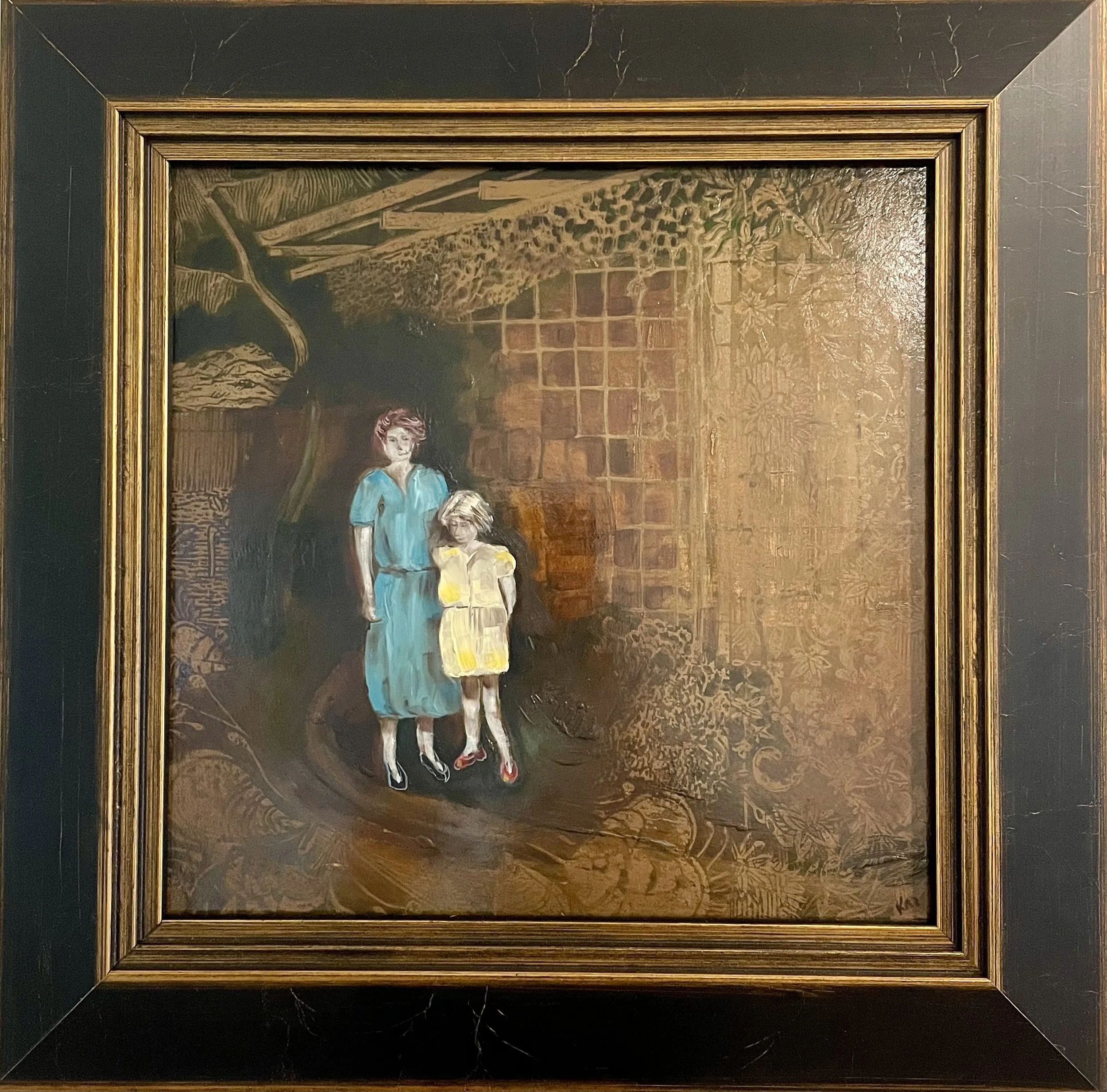 'Backyard Memories - The Garden'| Relief lino cut combined with oils on board| 42x42cm.
‘Backyard Memories – The Garden’ draws on the nostalgia of growing up in rural Australia in the 1970s and 80s. The work depicts the relationships of the era betwe