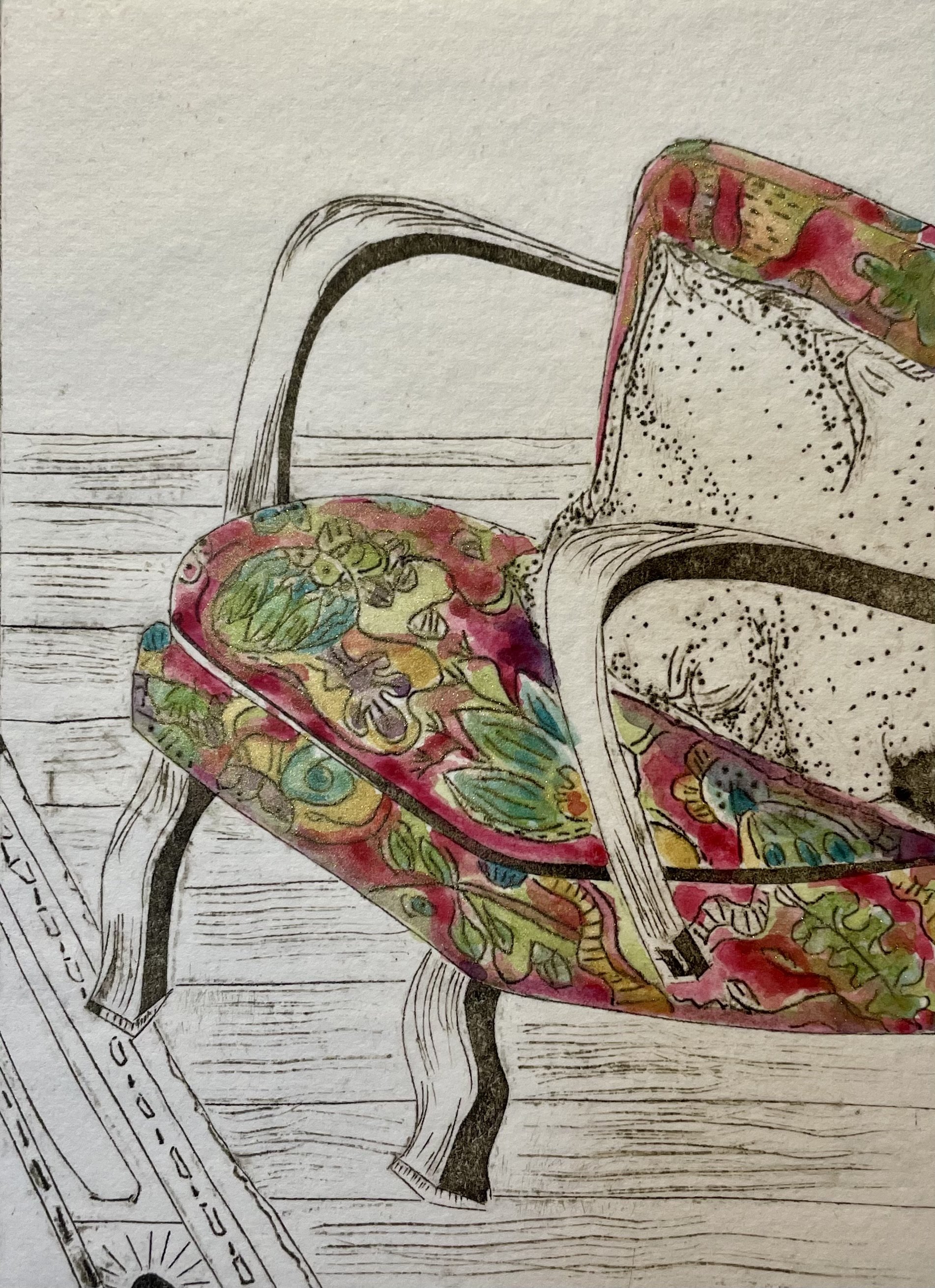 Chair in Bloom|Drypoint Print Hand Coloured|Arches Hot Press Watercolour Paper|26x21cm